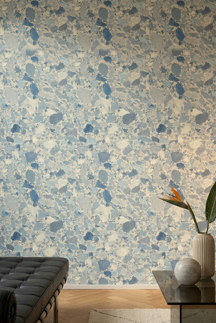 Terrazzo Wallpaper Blue Stone Chips Removable Marble Veining Wall Double Roll