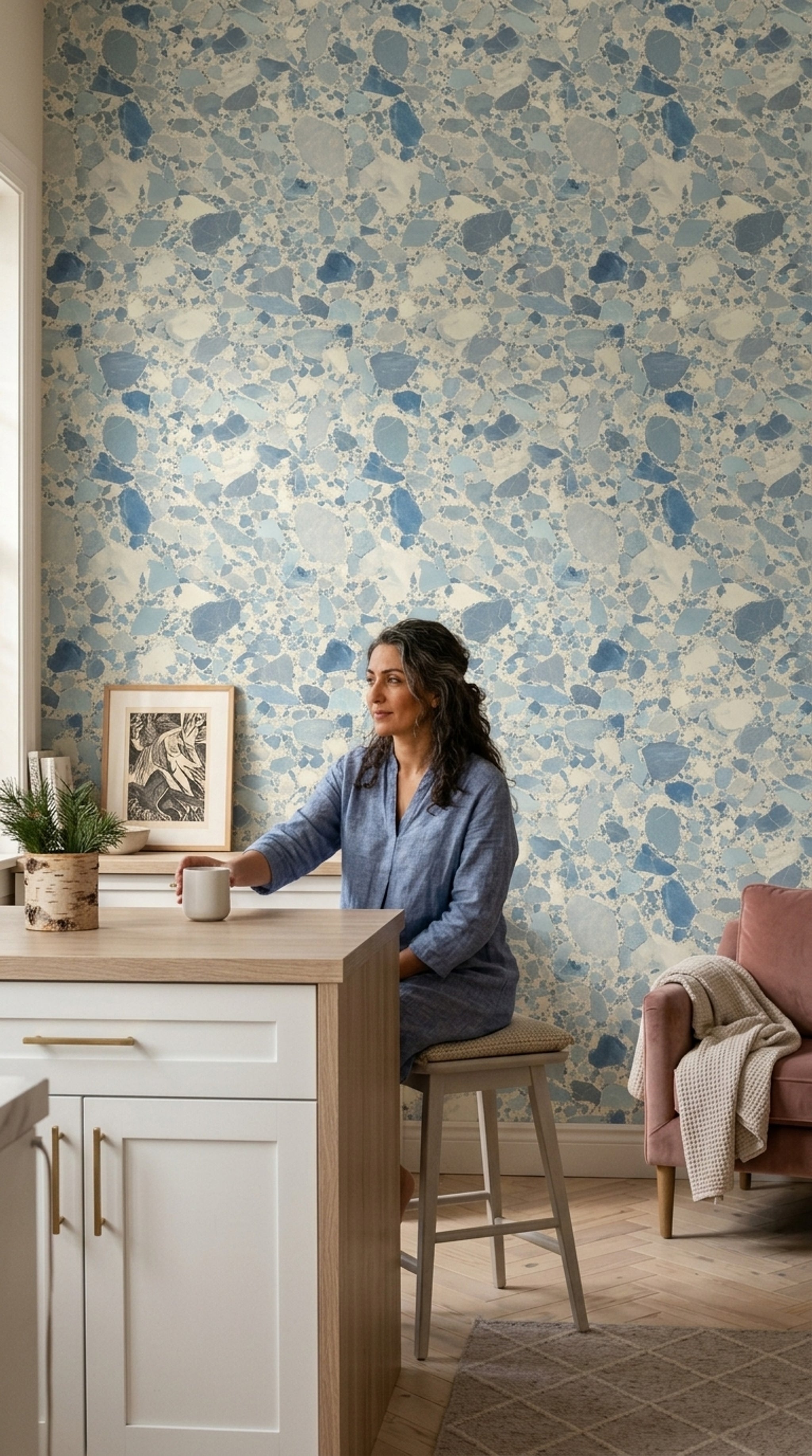 Terrazzo Wallpaper Blue Stone Chips Removable Marble Veining Wall Double Roll