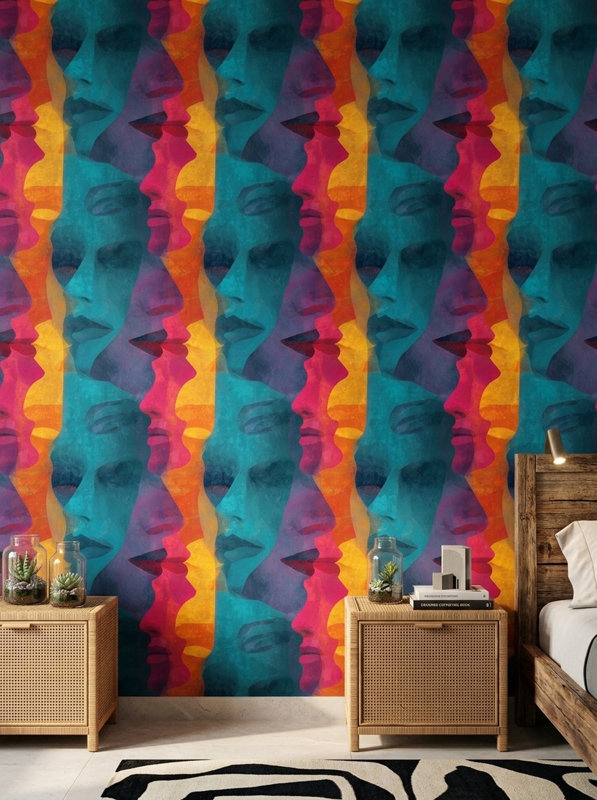 Abstract Faces Wallpaper Overlapping Profiles Teal Background Removable Wall Decor