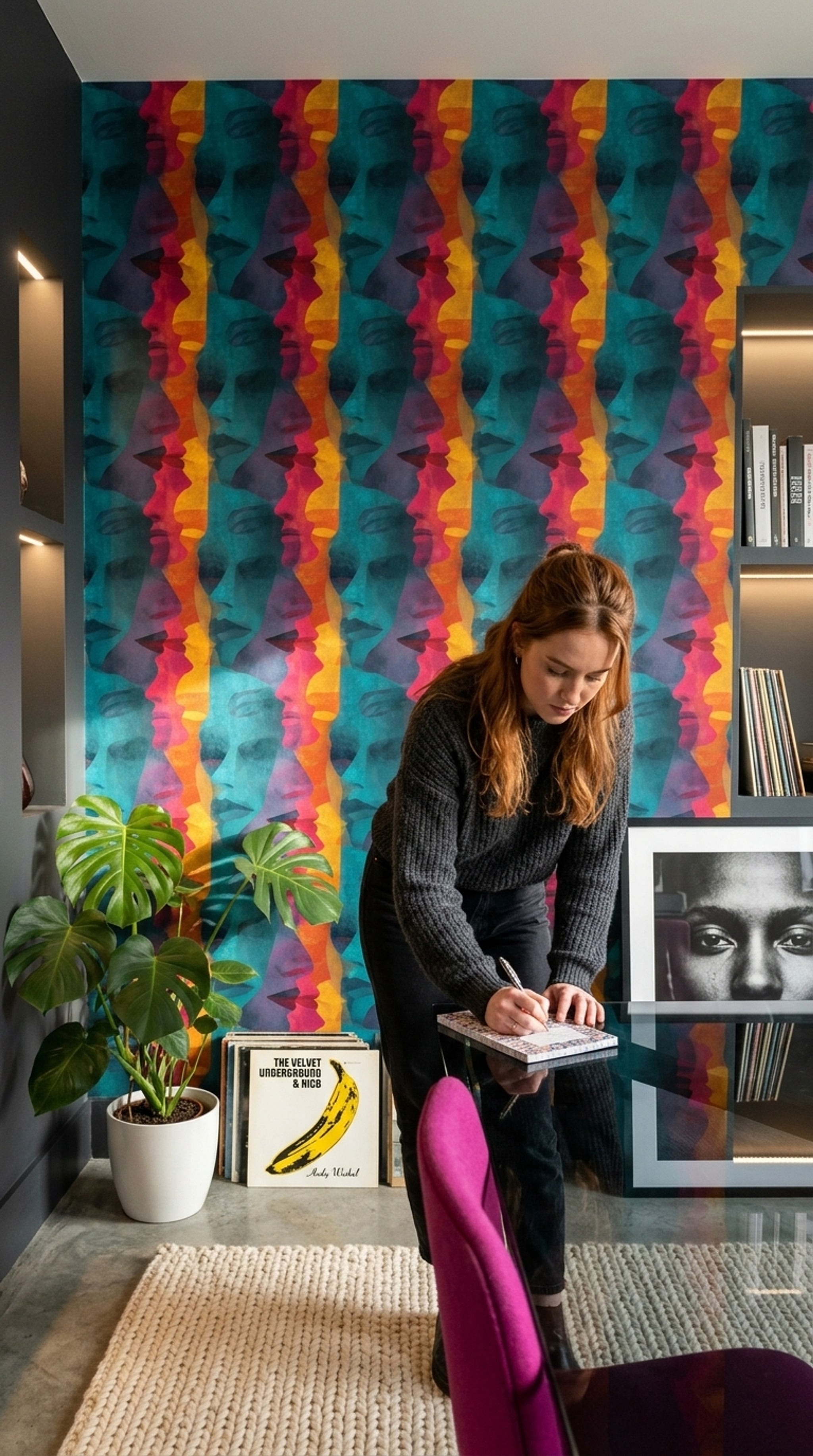 Abstract Faces Wallpaper Overlapping Profiles Teal Background Removable Wall Decor