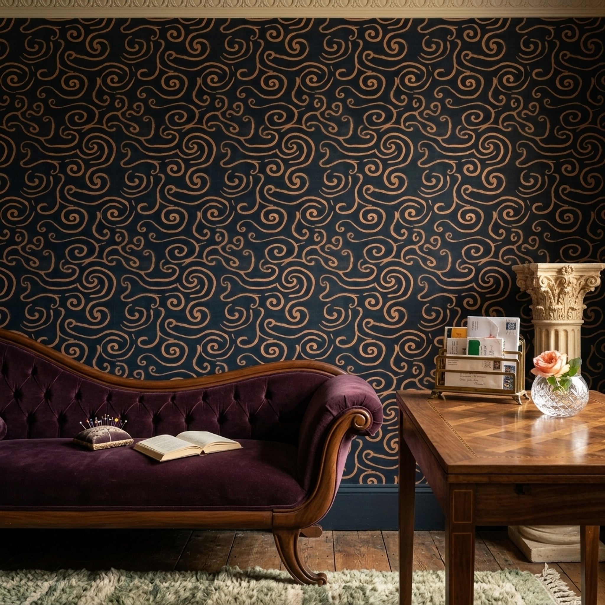 Copper Scrollwork Wallpaper Metallic Swirl Glam Luxury Decorative Mural