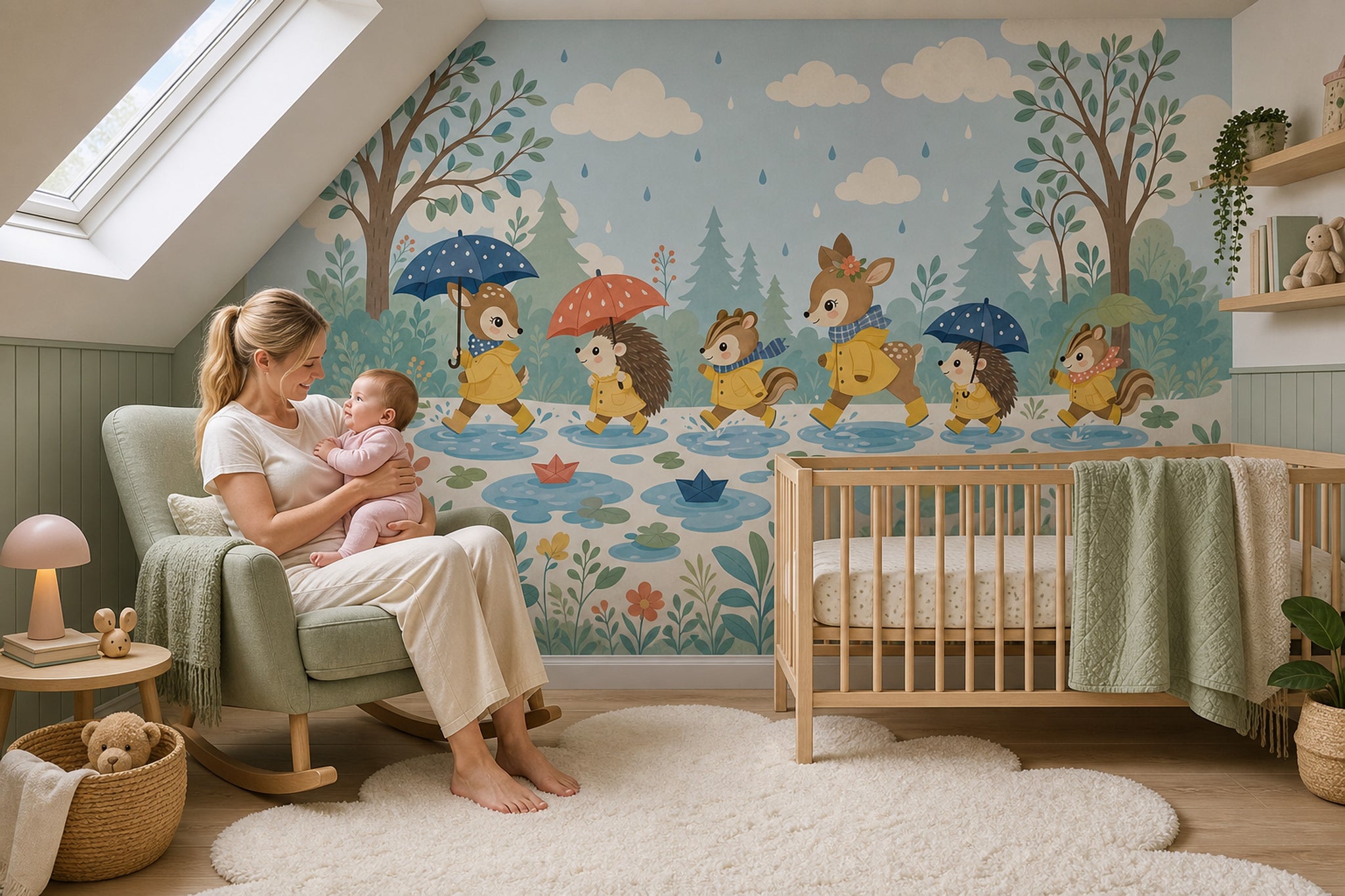Woodland Animals Wallpaper Rainy Day Pastel Blue Sky Removable Wall Decor