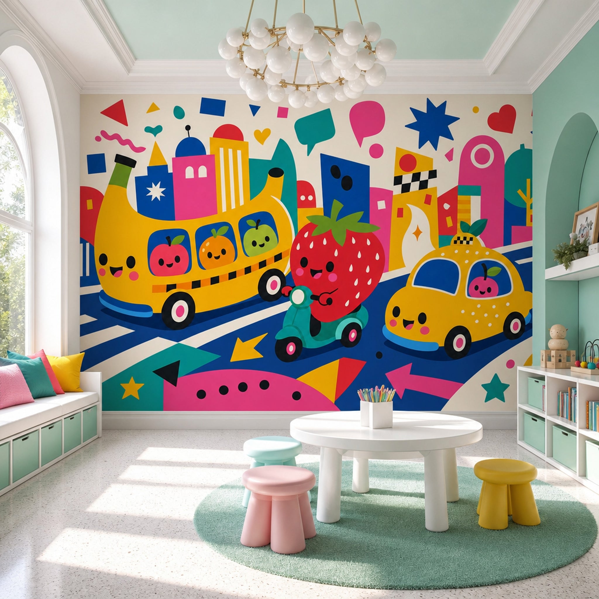 Cartoon City Wallpaper Cute Fruit Characters Yellow Bus Wall Mural