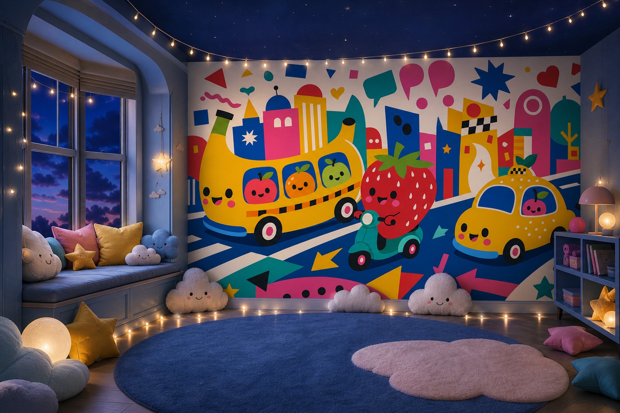 Cartoon City Wallpaper Cute Fruit Characters Yellow Bus Wall Mural