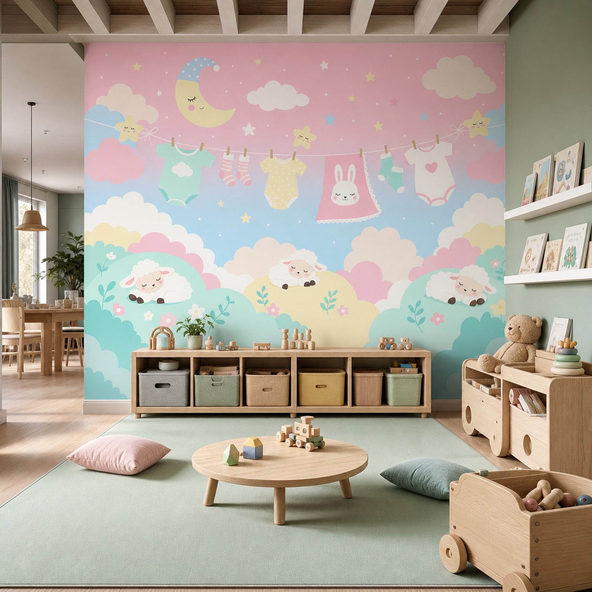 Nursery Wallpaper Cute Cartoon Removable Baby Clothesline Wall Decor