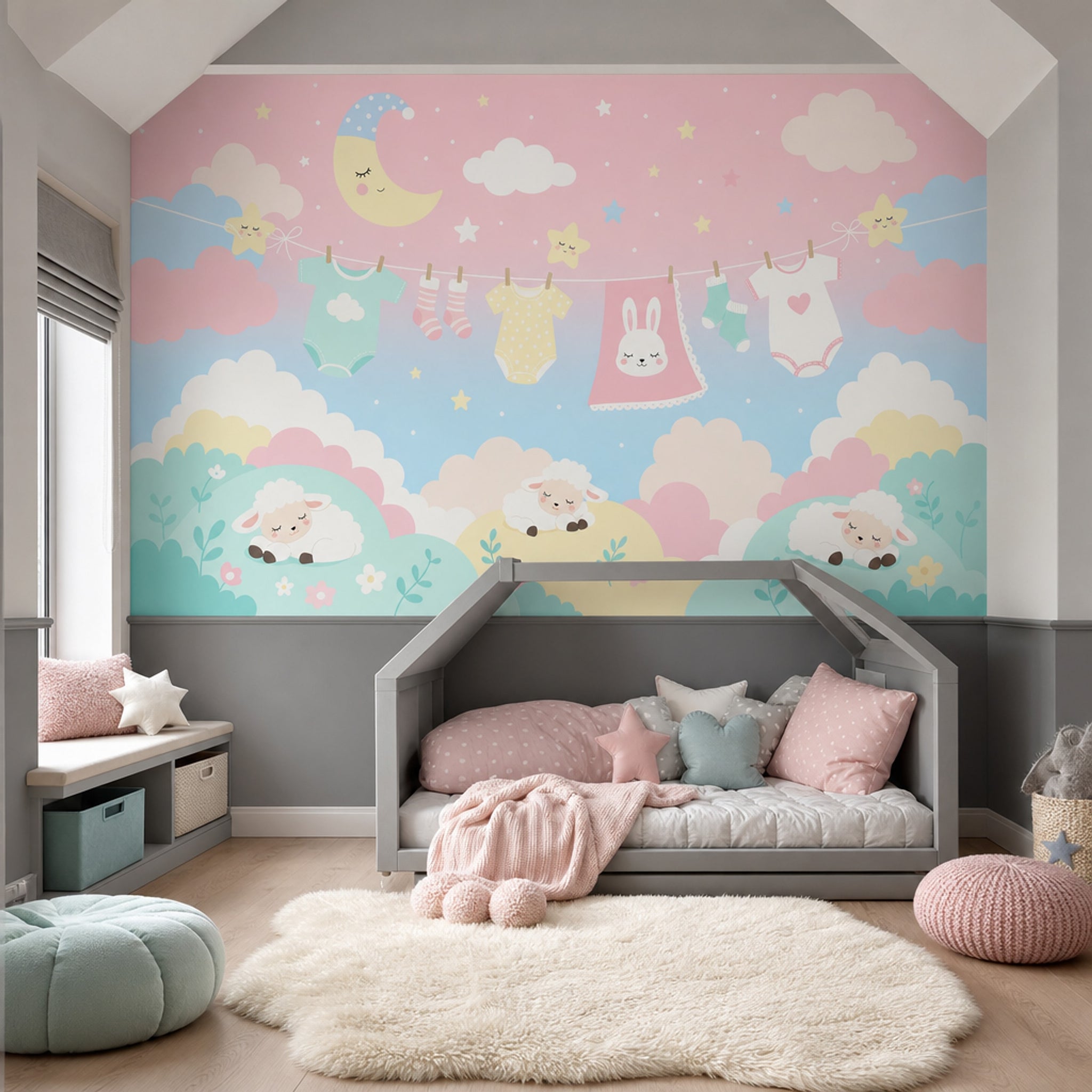 Nursery Wallpaper Cute Cartoon Removable Baby Clothesline Wall Decor