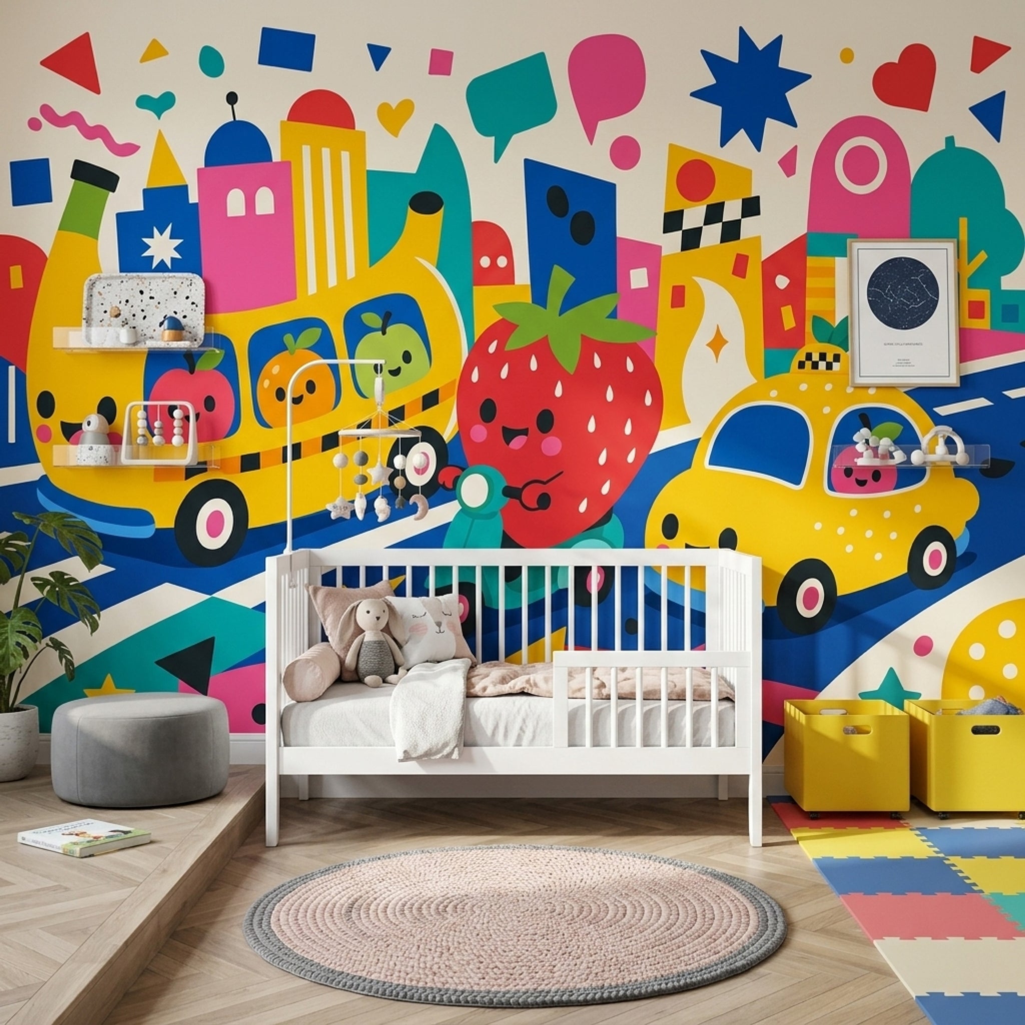 Cartoon City Wallpaper Cute Fruit Characters Yellow Bus Wall Mural