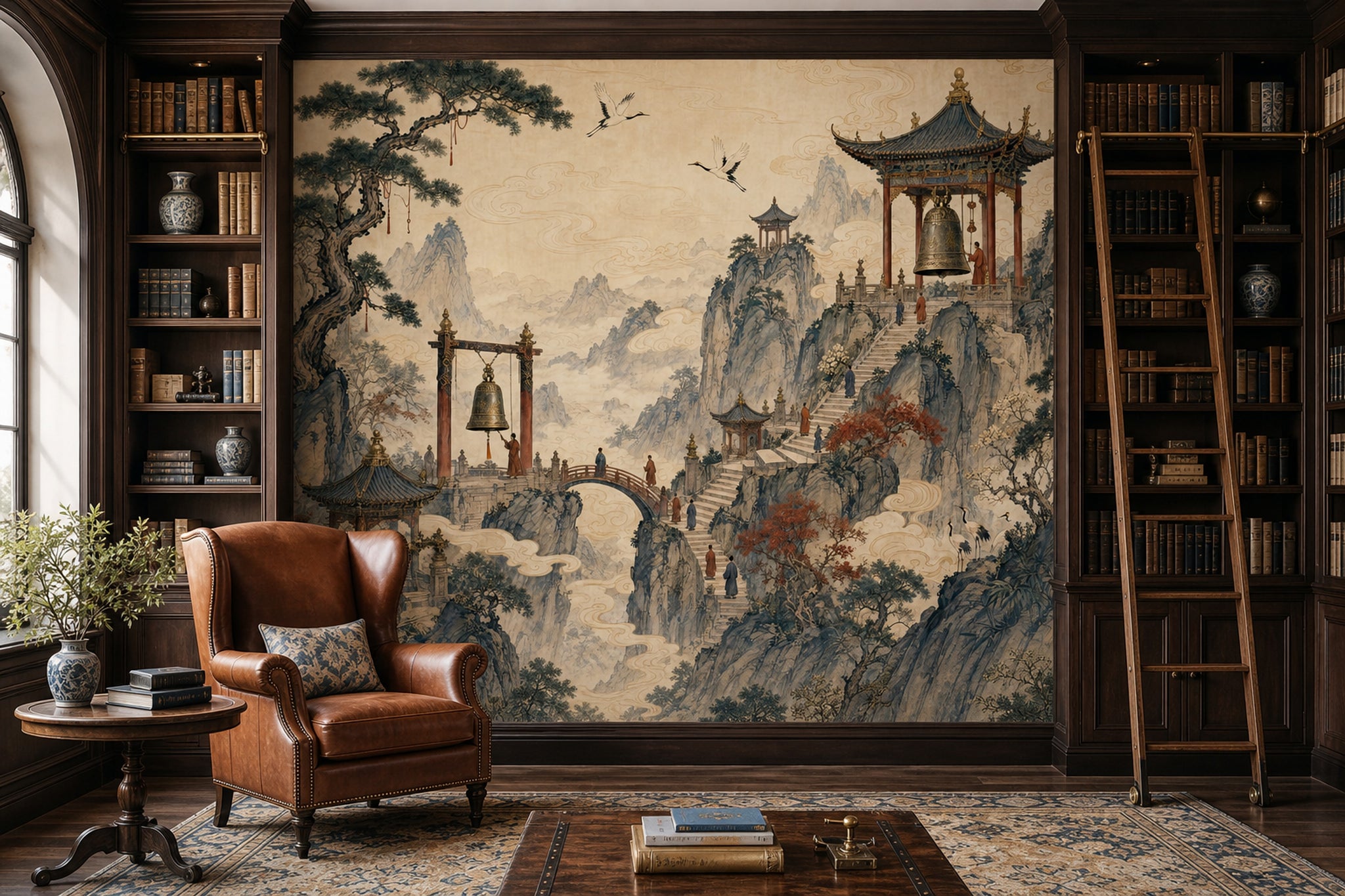 Chinese Landscape Wallpaper Misty Mountains Swirling Clouds Removable Wall Decor