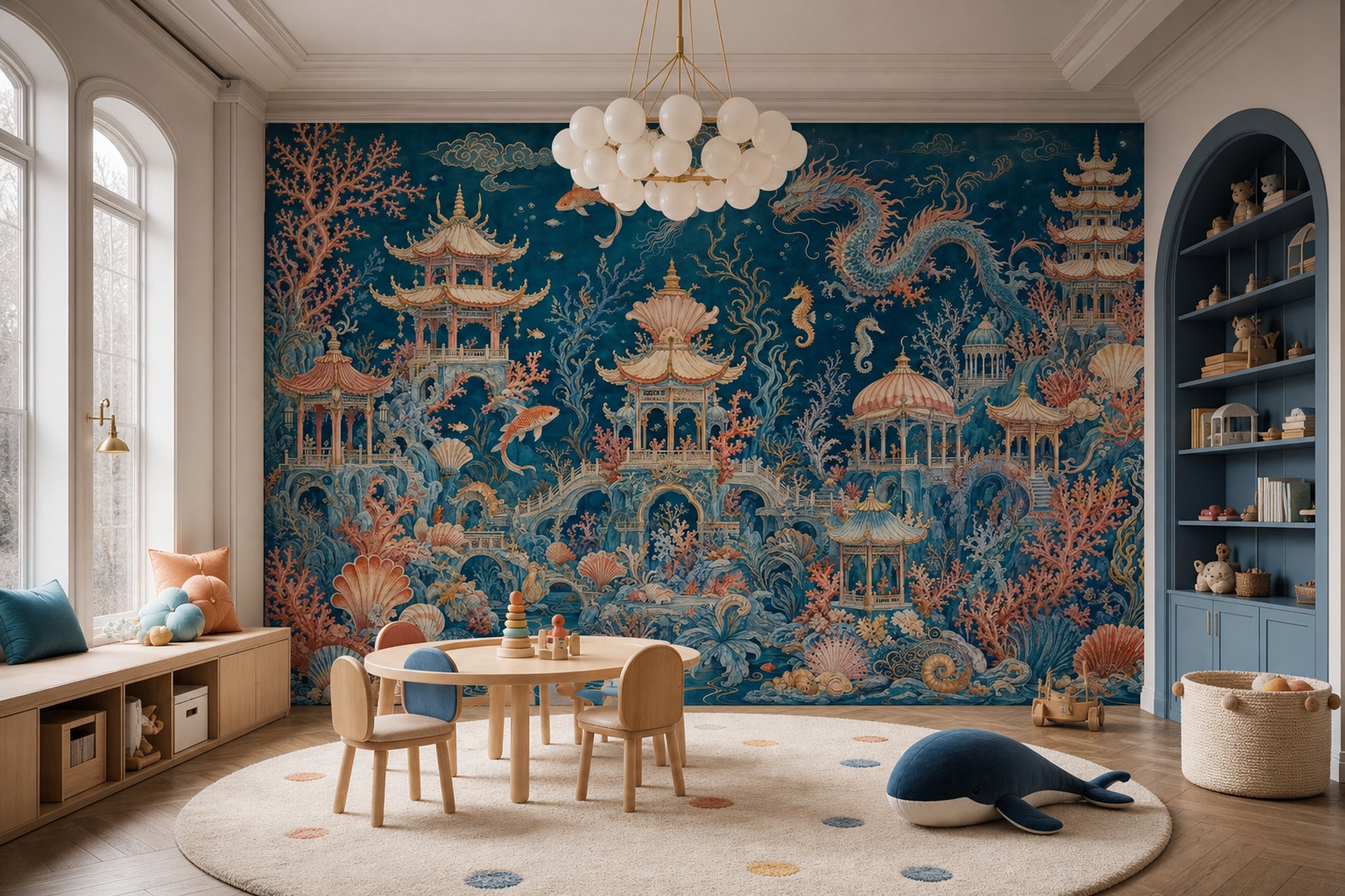 Chinoiserie Mural Wallpaper Dark Underwater Landscape Oriental Pagodas Wall Mural