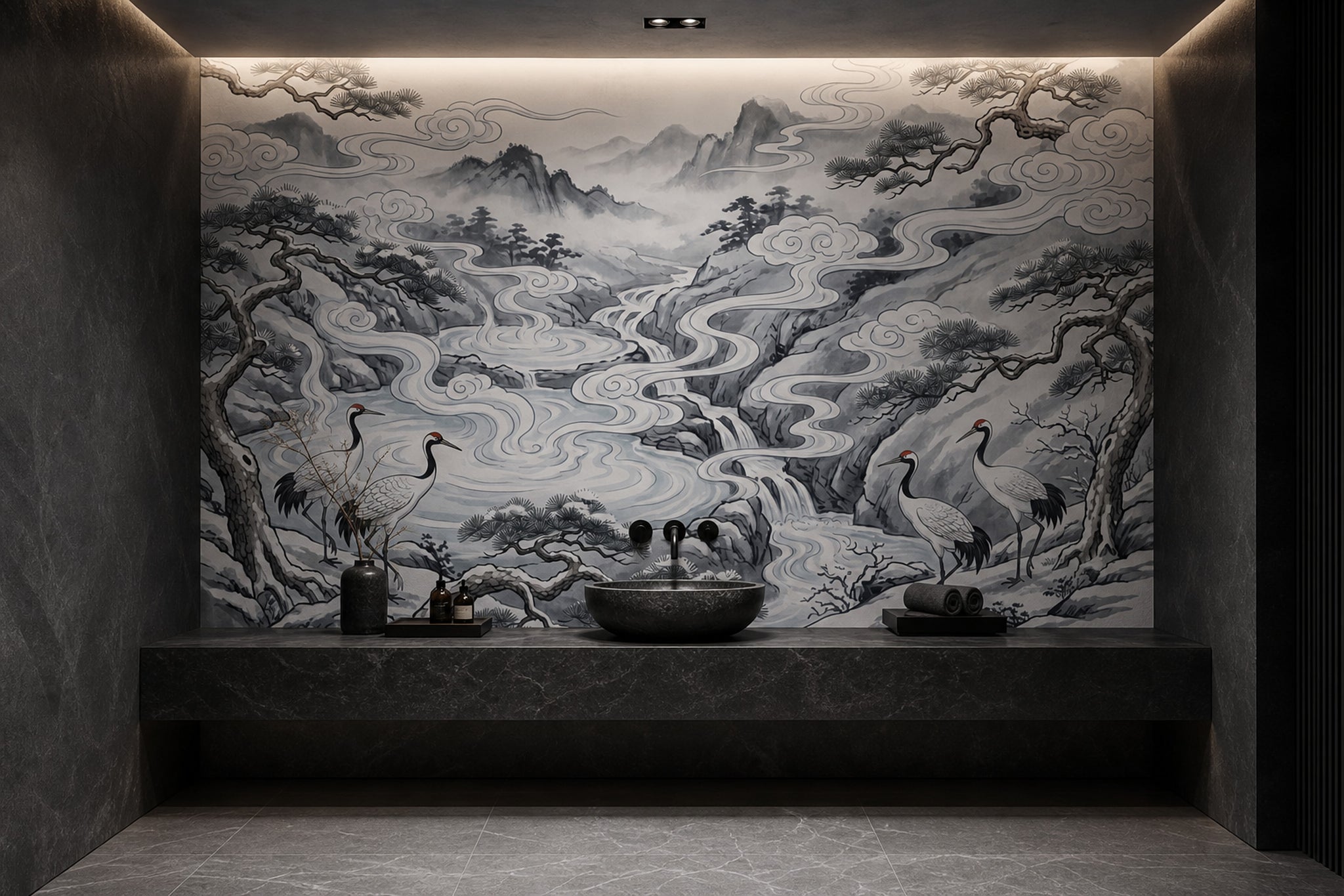 Oriental Landscape Wallpaper Ink Wash Removable Misty Mountains Wall Decor