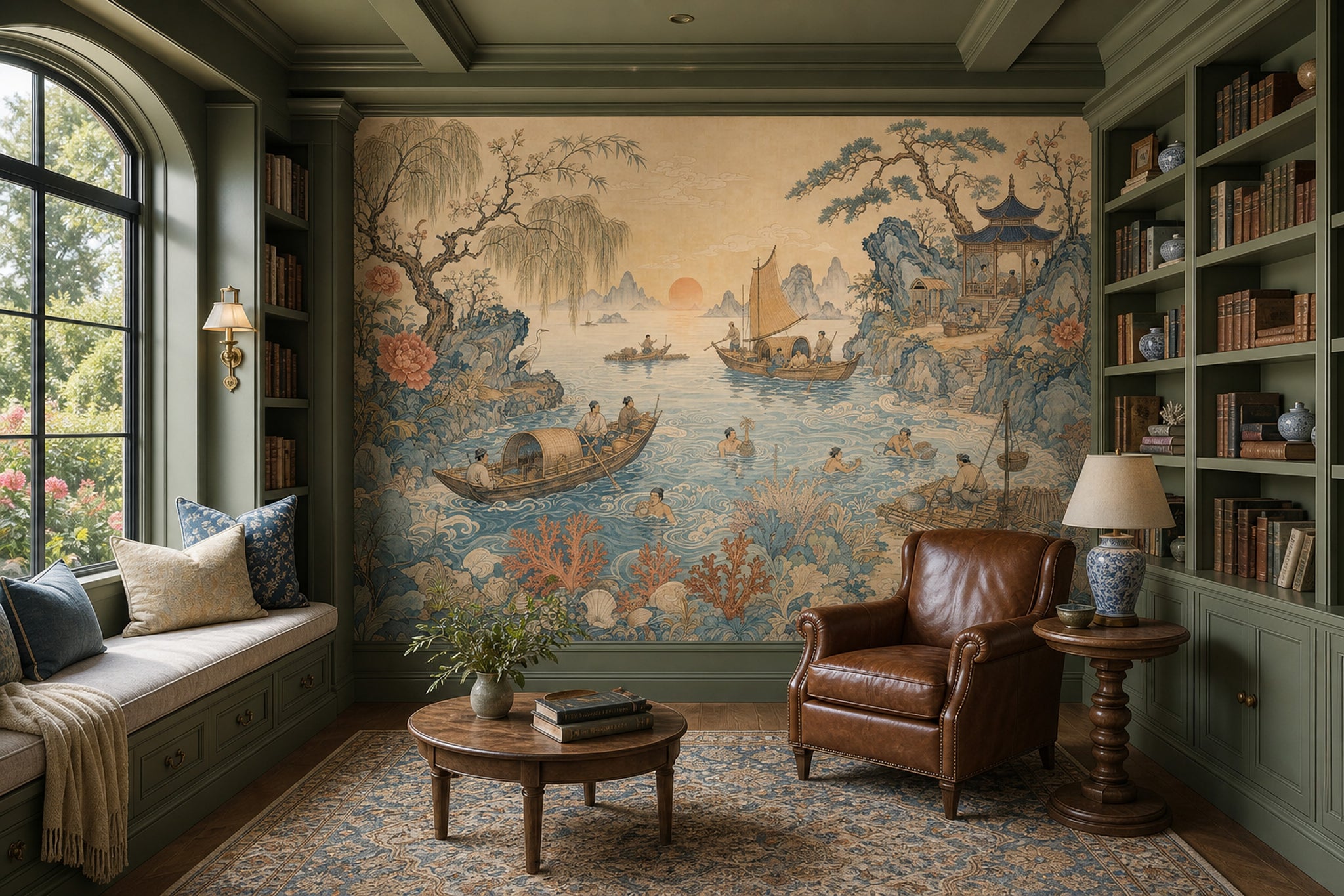 East Asian Landscape Wallpaper Coastal Fishing Scene Blue Water Removable Wall Decor