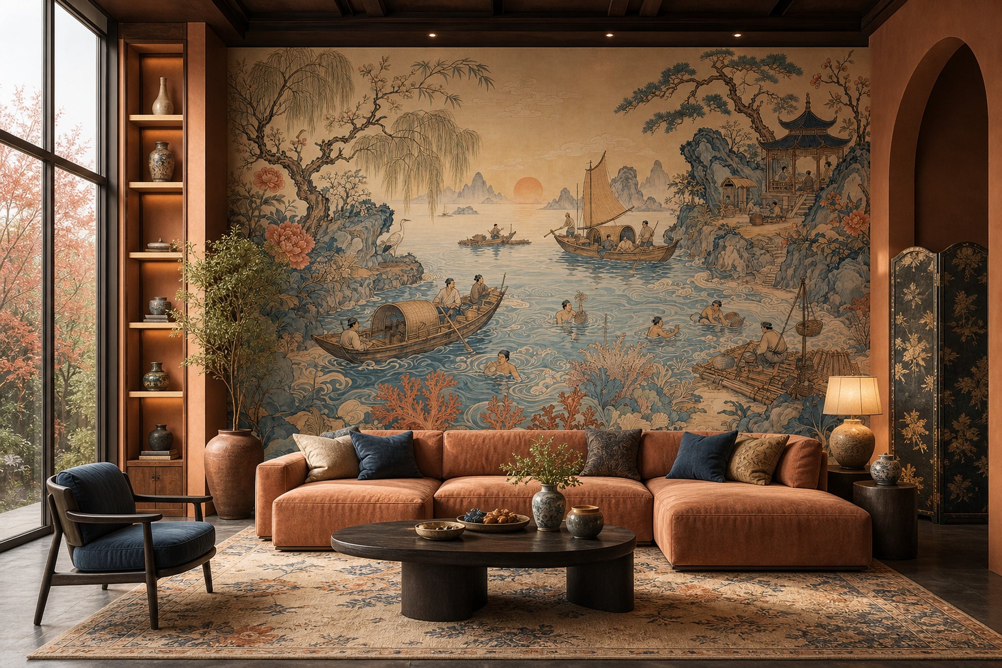 East Asian Landscape Wallpaper Coastal Fishing Scene Blue Water Removable Wall Decor