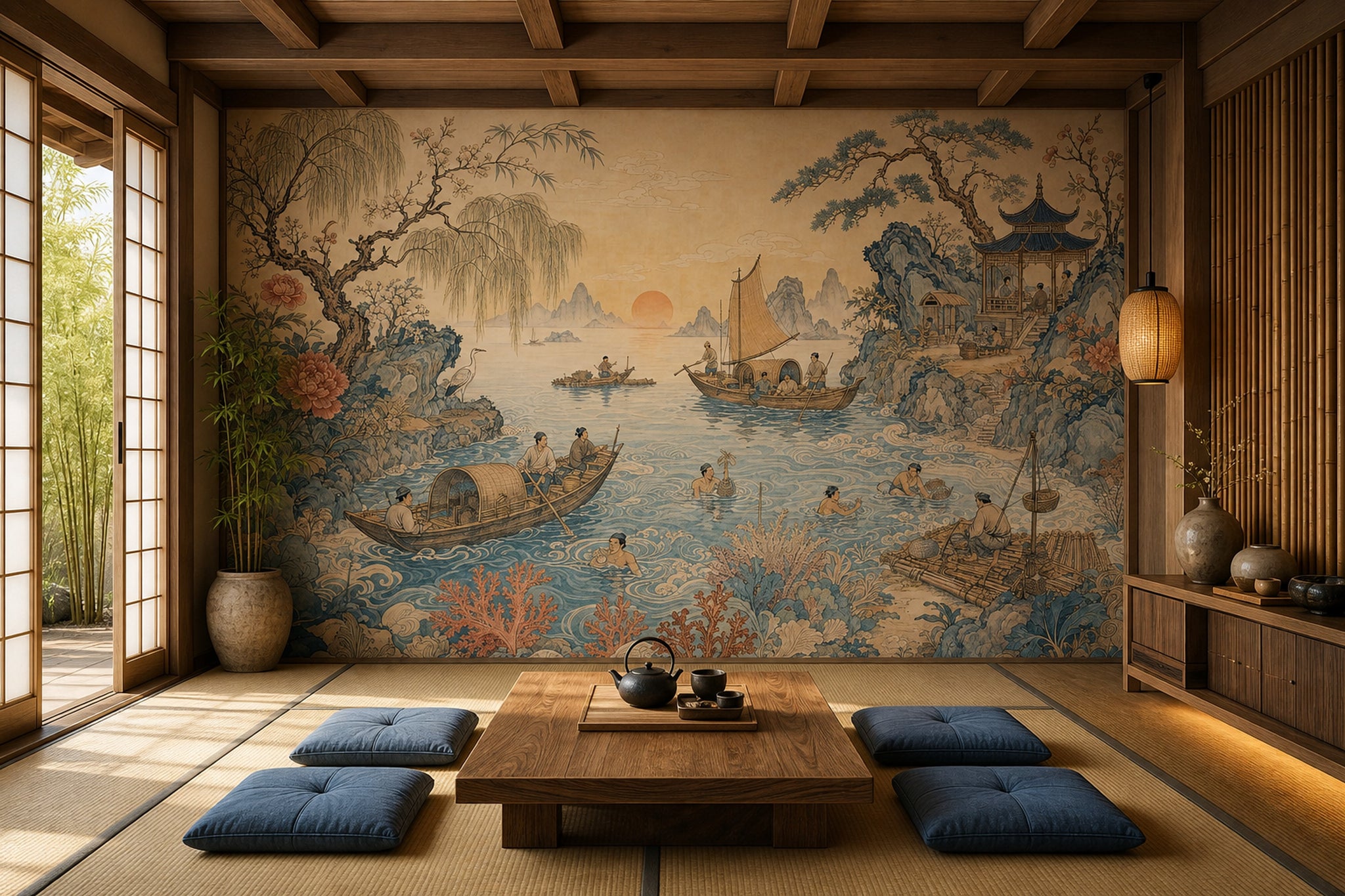 East Asian Landscape Wallpaper Coastal Fishing Scene Blue Water Removable Wall Decor