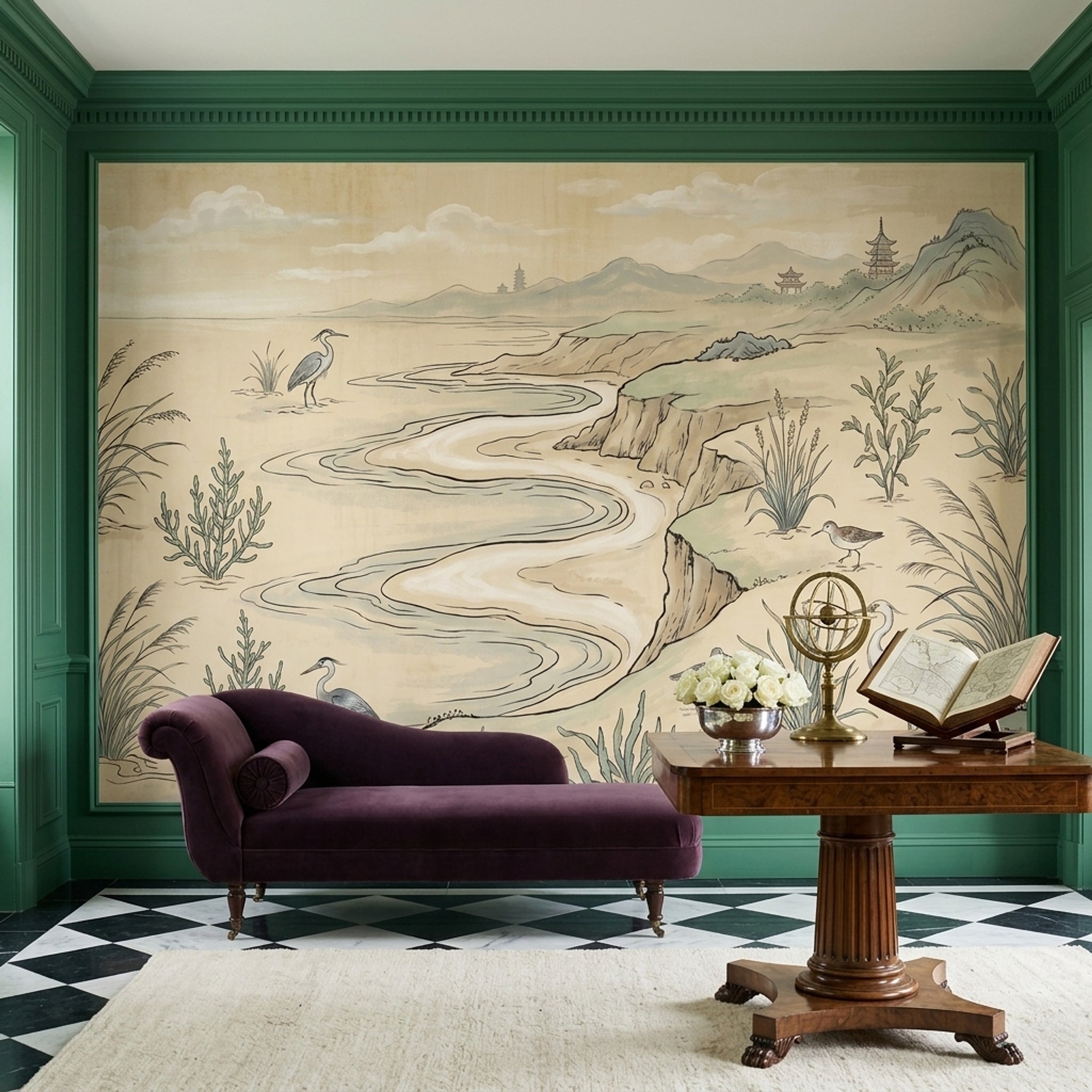 Oriental Landscape Wallpaper Wetlands Winding River Wall Mural