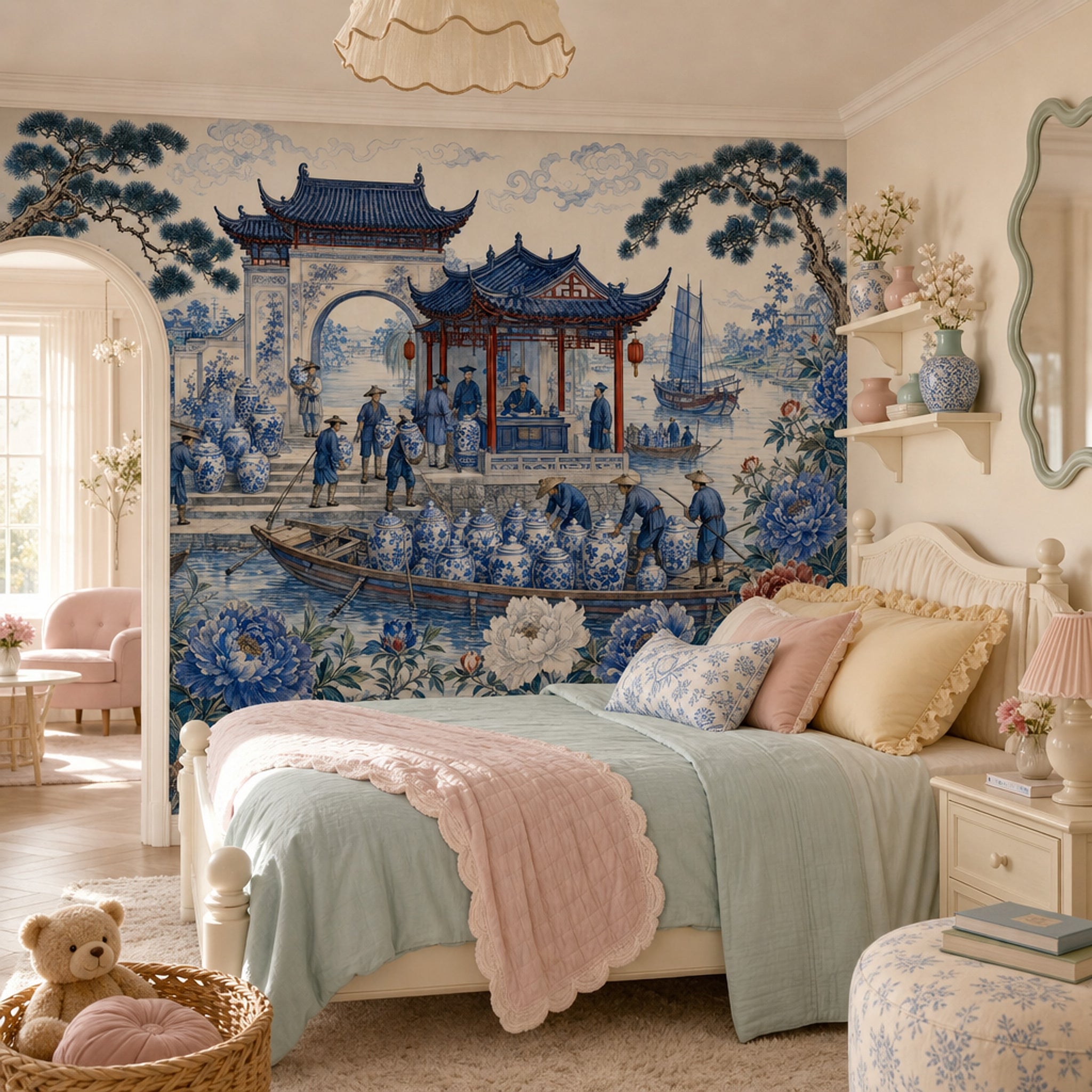 Chinoiserie Wallpaper Blue And White Porcelain Chinese Pavilion Wall Mural