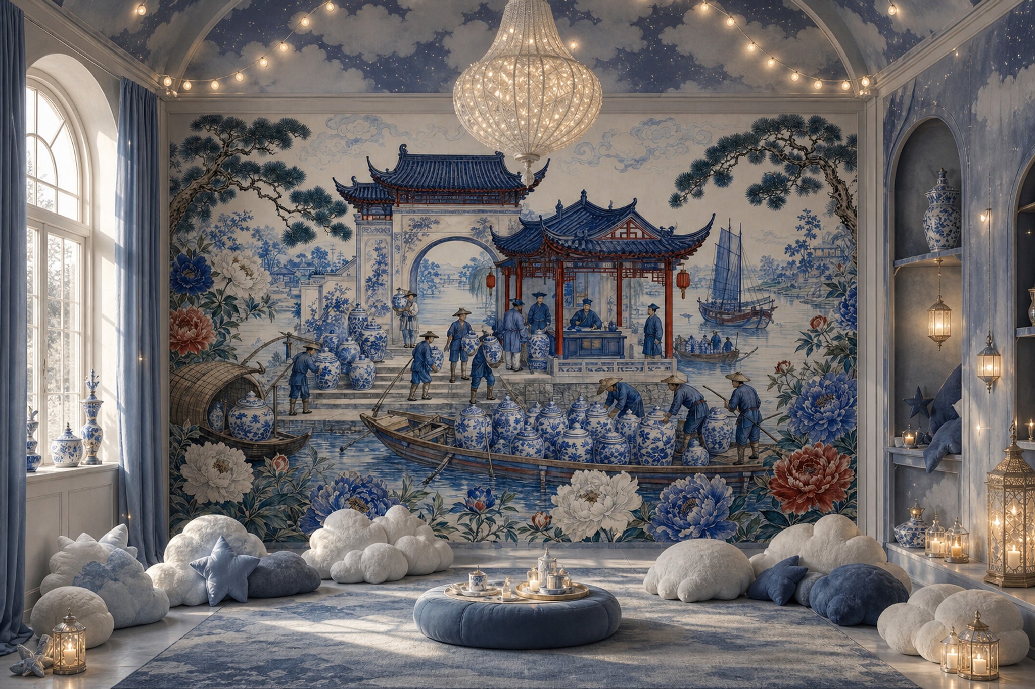 Chinoiserie Wallpaper Blue And White Porcelain Chinese Pavilion Wall Mural