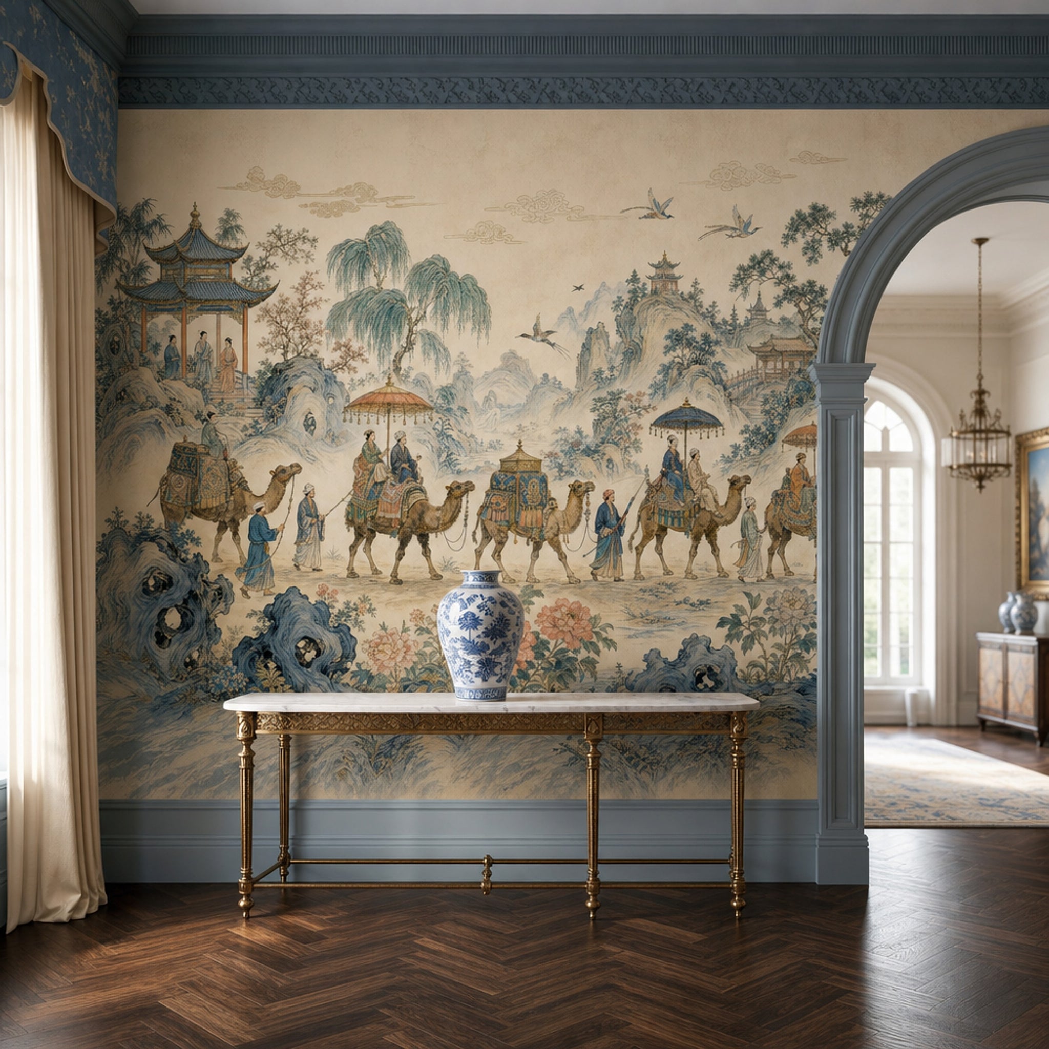 Chinese Landscape Wallpaper Camel Caravan Pavilions Wall Mural
