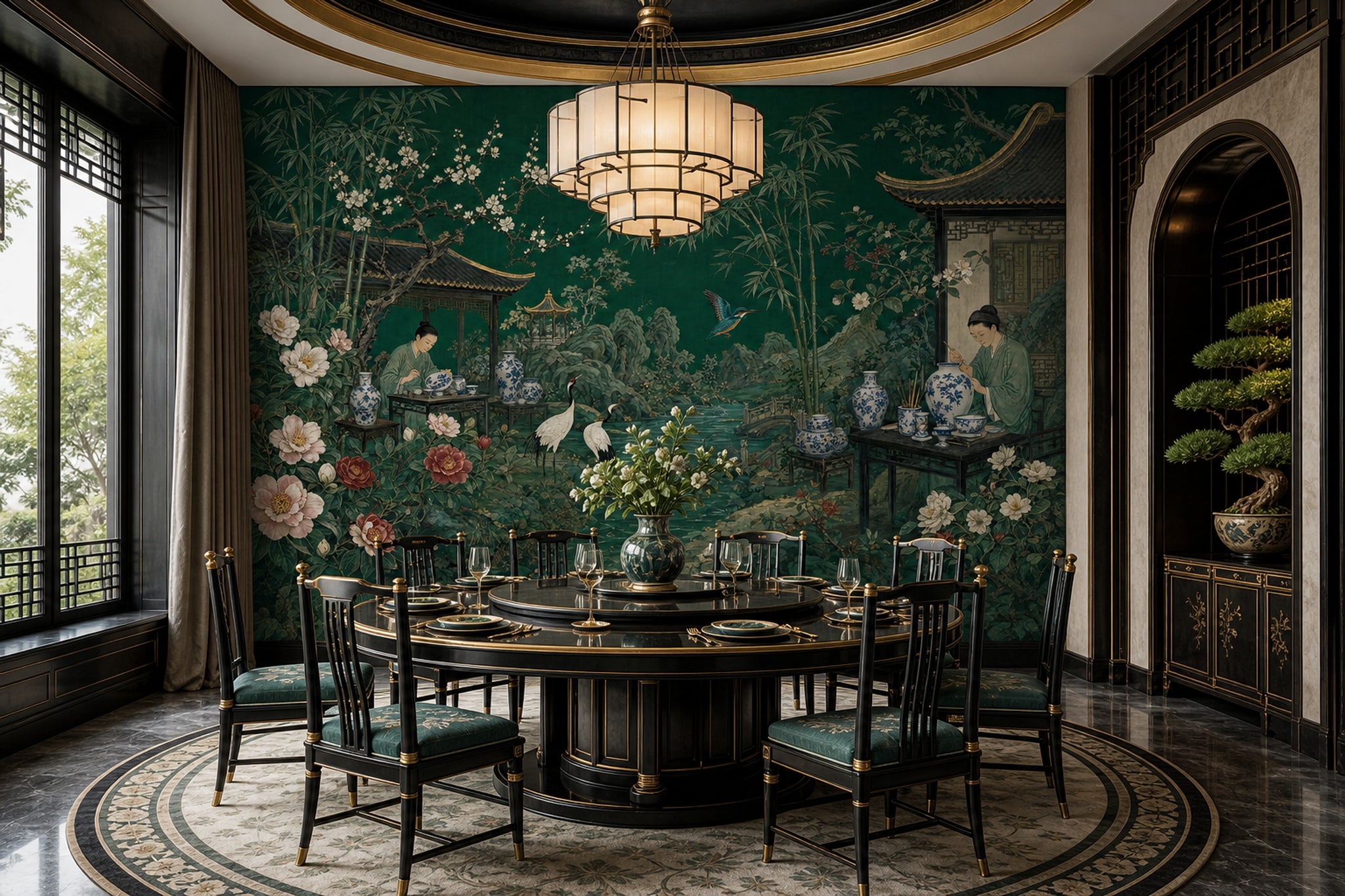 Chinese Garden Wallpaper Dark Green Landscape Mural Removable Wall Decor