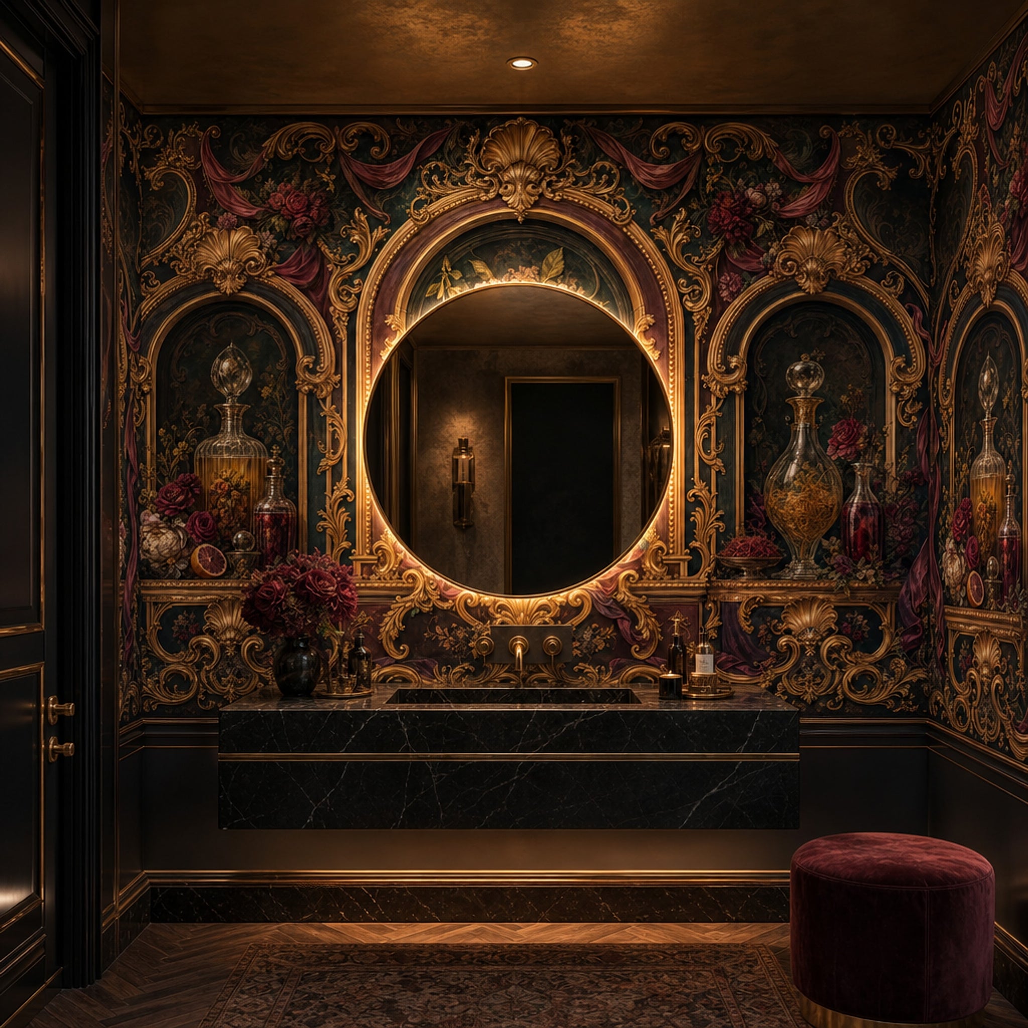 Dark Baroque Wallpaper Rococo Gold Scrollwork Ornate Arches Wall Mural