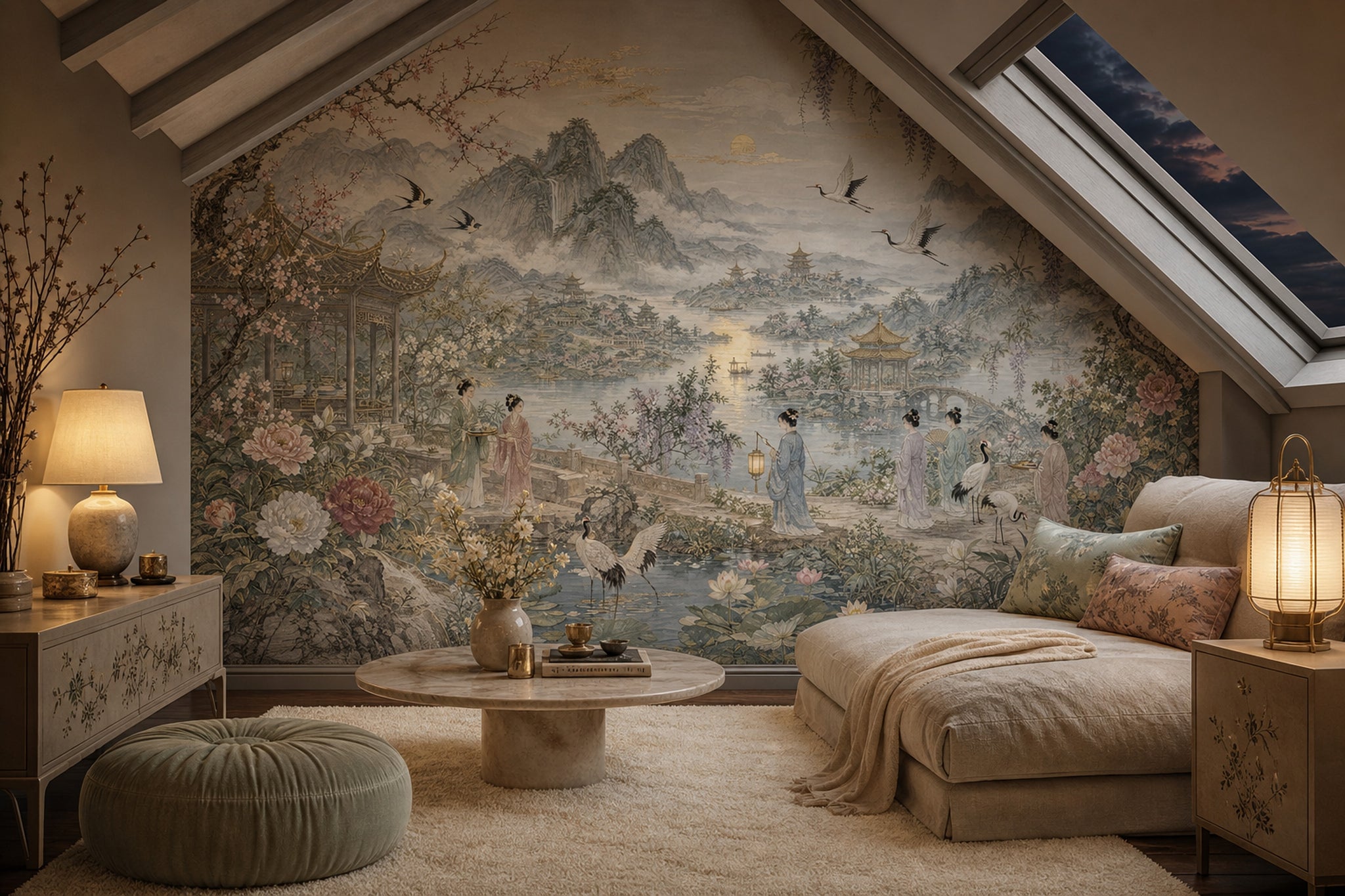 Chinese Landscape Wallpaper Pagoda Pavilion Removable Misty Mountains Wall Decor