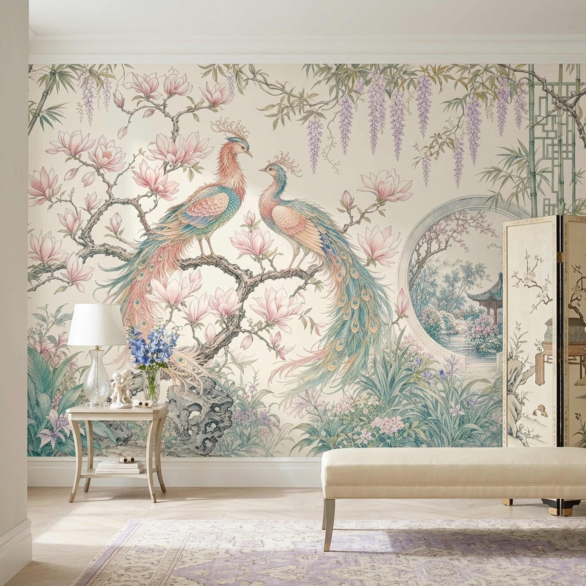 Chinoiserie Wallpaper Bird And Blossom Removable Magnolia Wall Decor
