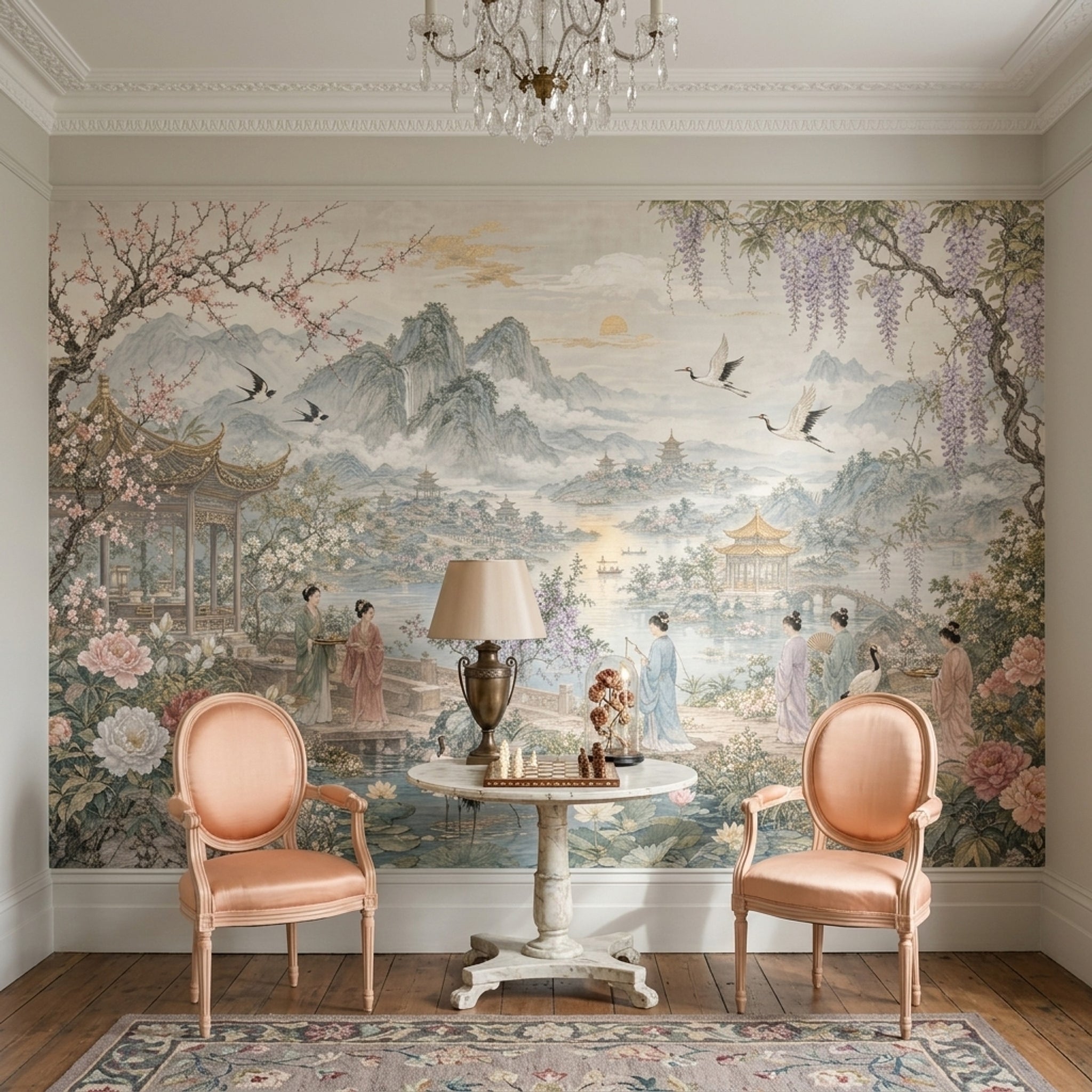 Chinese Landscape Wallpaper Pagoda Pavilion Removable Misty Mountains Wall Decor
