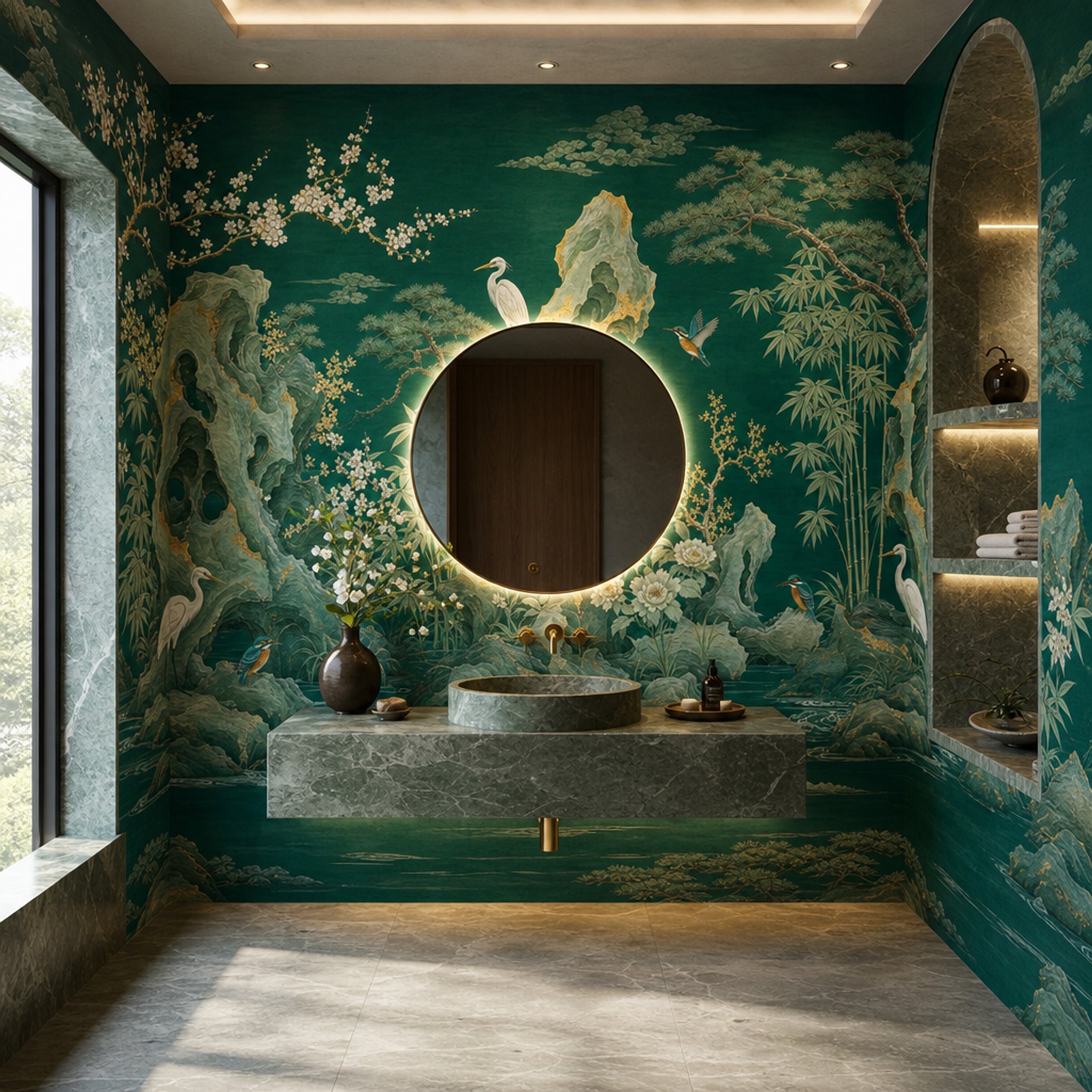 Dark Teal Green Wallpaper East Asian Landscape Removable Gold Accents Wall Decor