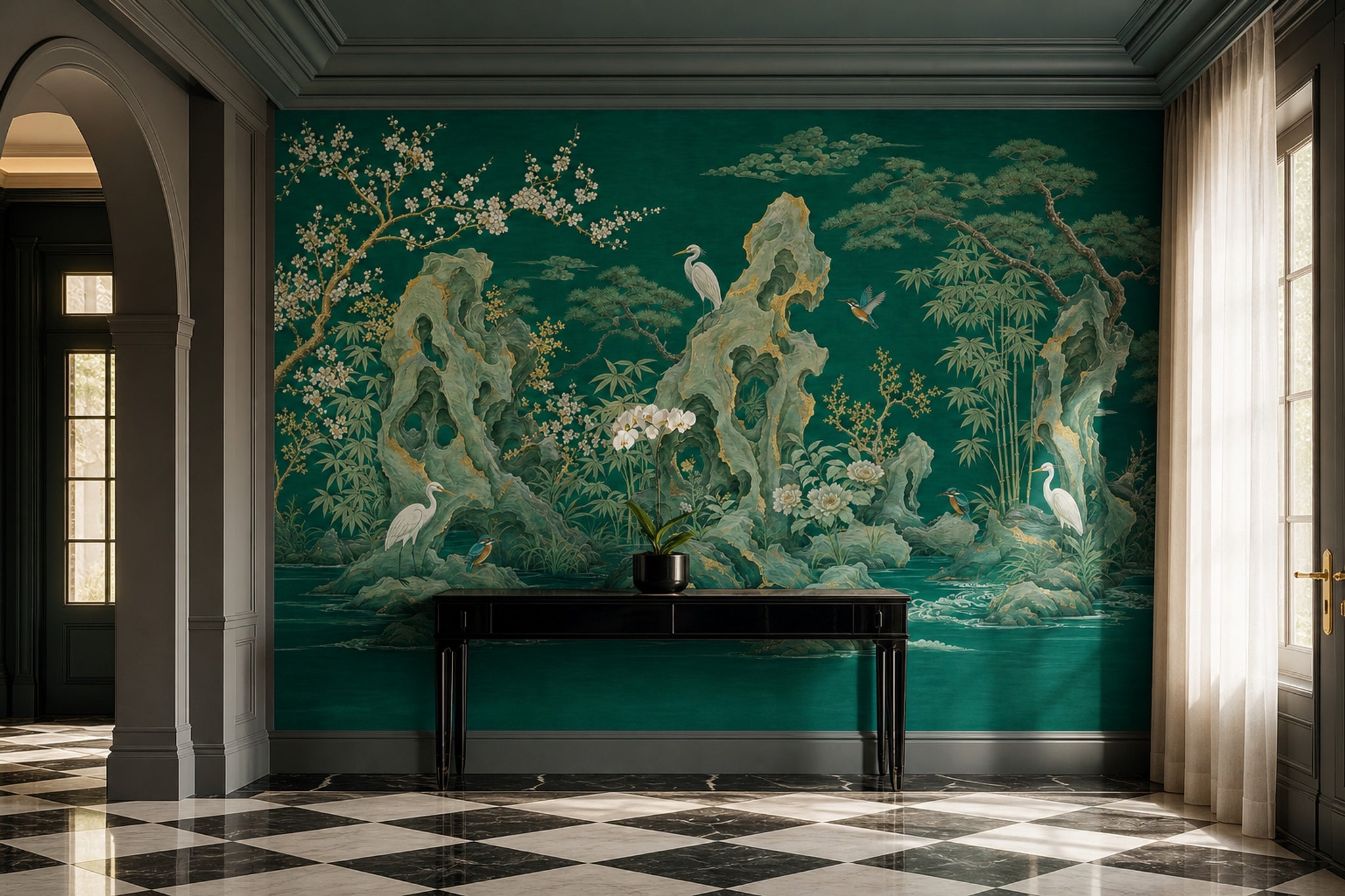 Dark Teal Green Wallpaper East Asian Landscape Removable Gold Accents Wall Decor
