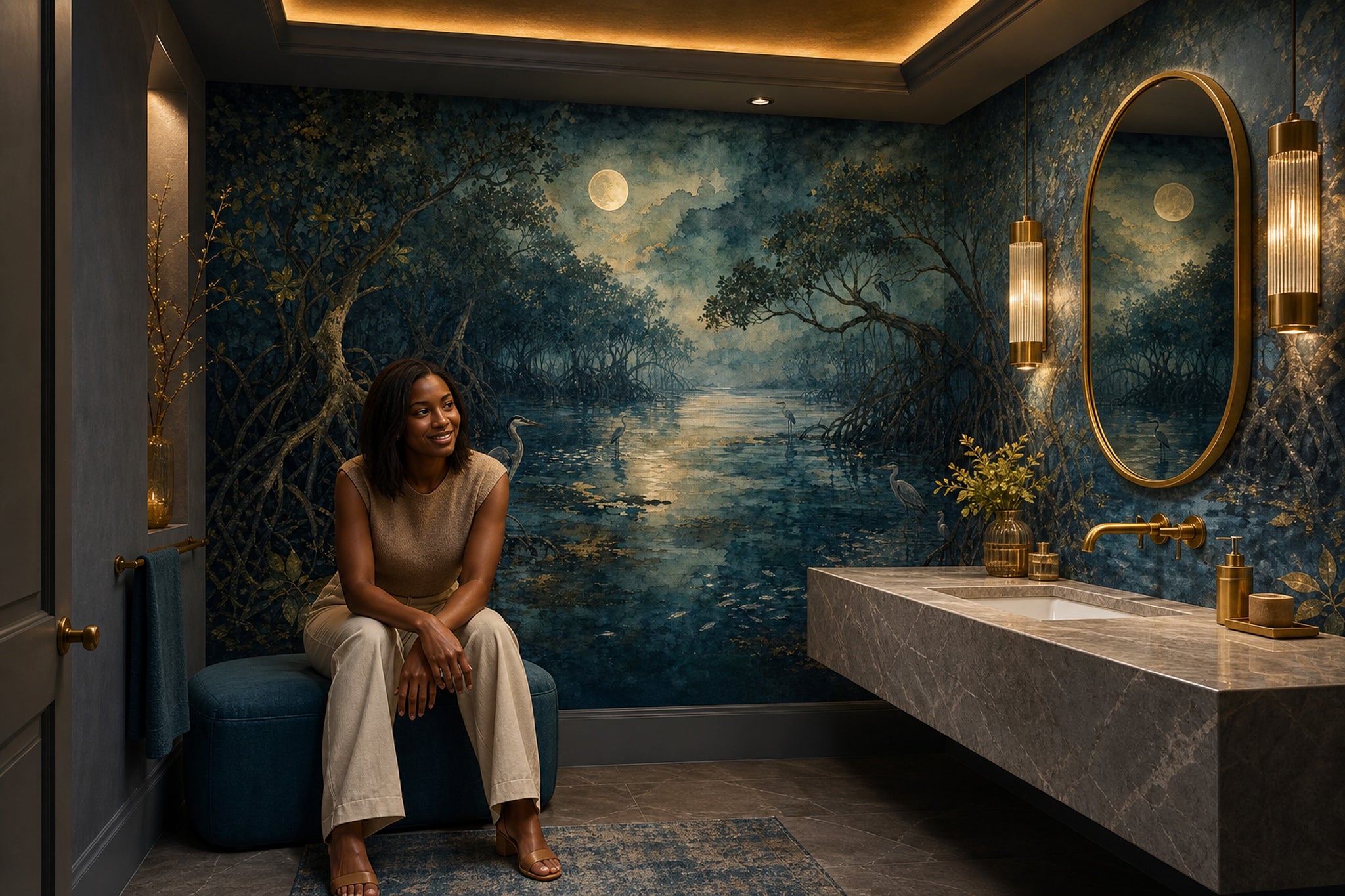 Moonlit Mangrove Wallpaper Dark Misty Night Wall Mural