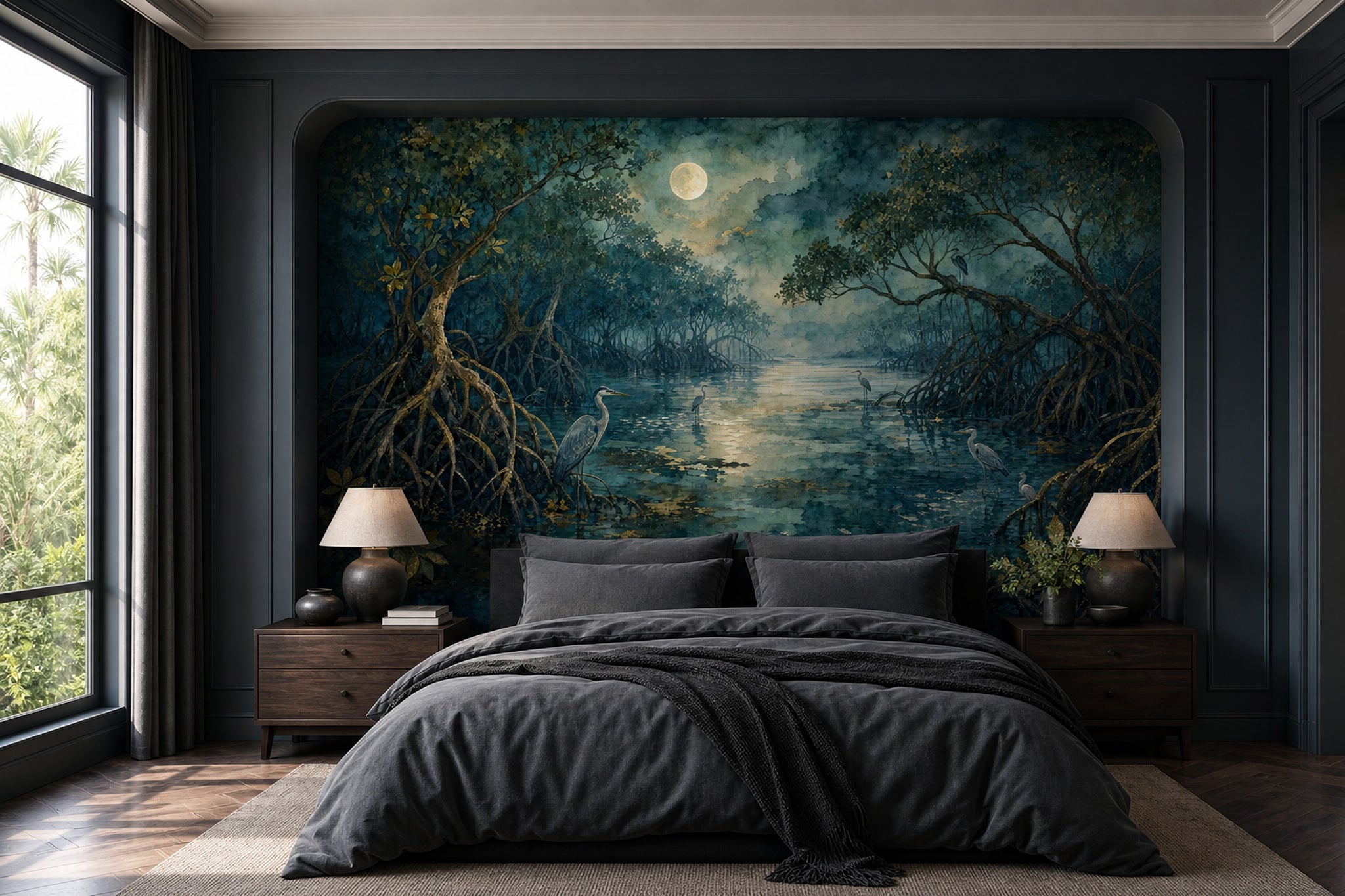 Moonlit Mangrove Wallpaper Dark Misty Night Wall Mural