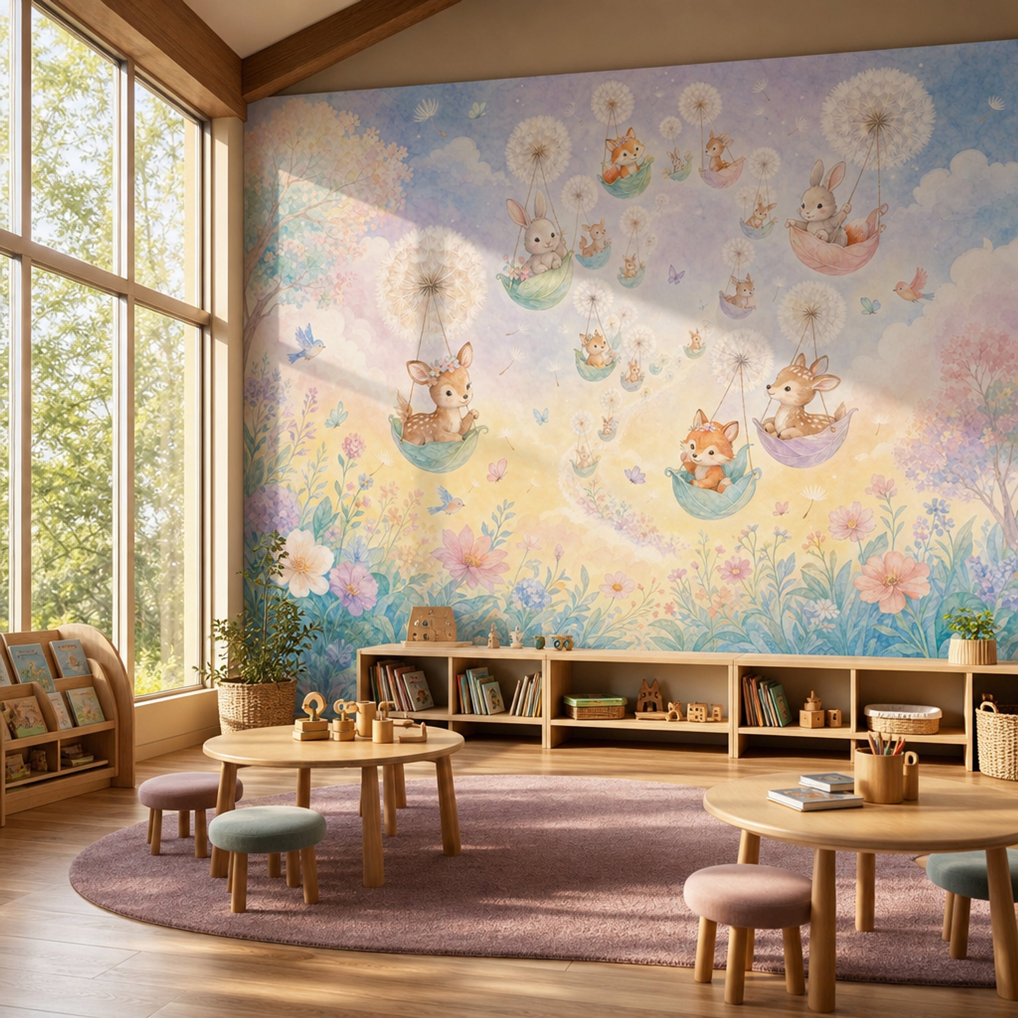 Whimsical Nursery Wallpaper Woodland Animals Removable Dandelion Puff Wall Decor