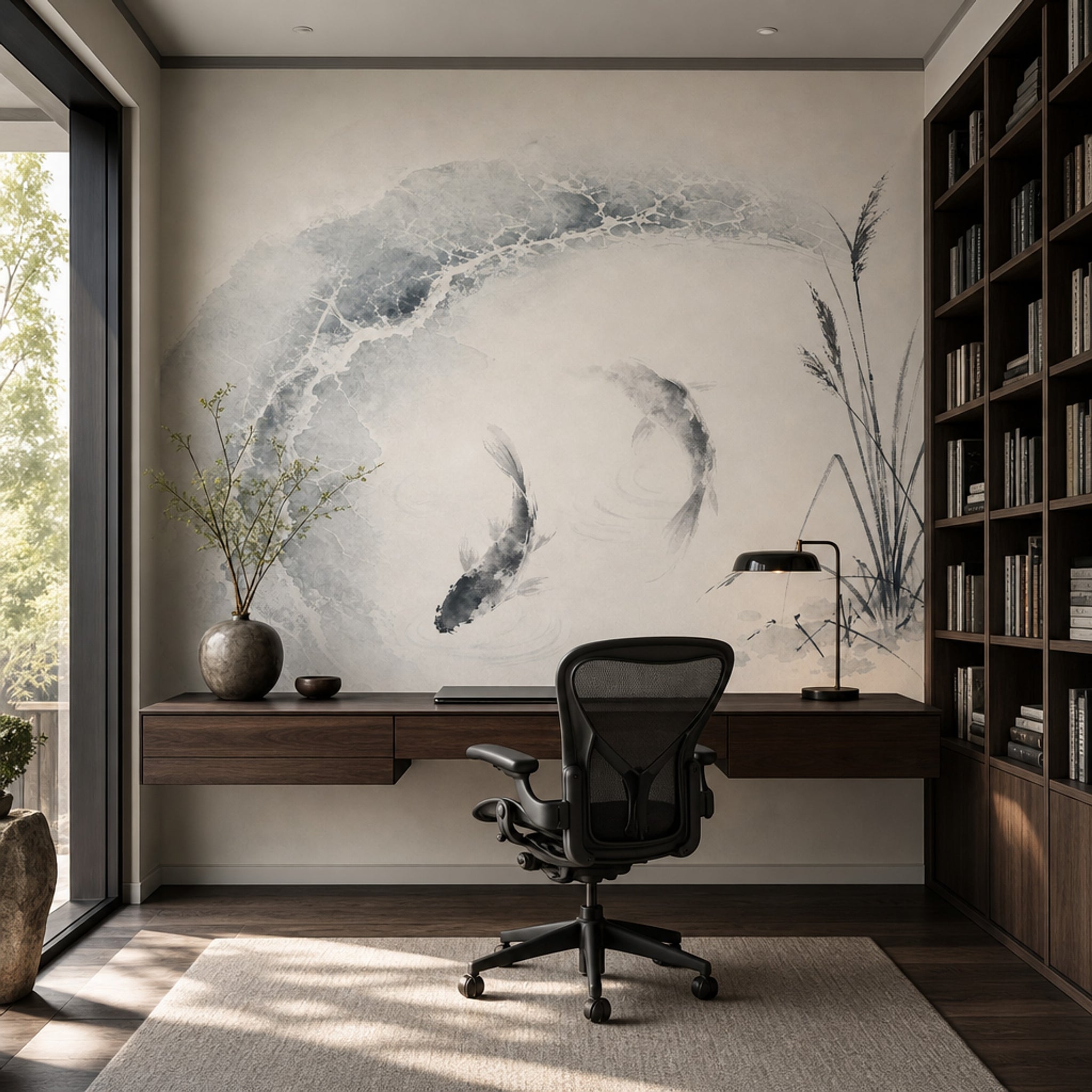 Koi Fish Wallpaper Ink Wash Minimalist Wall Mural
