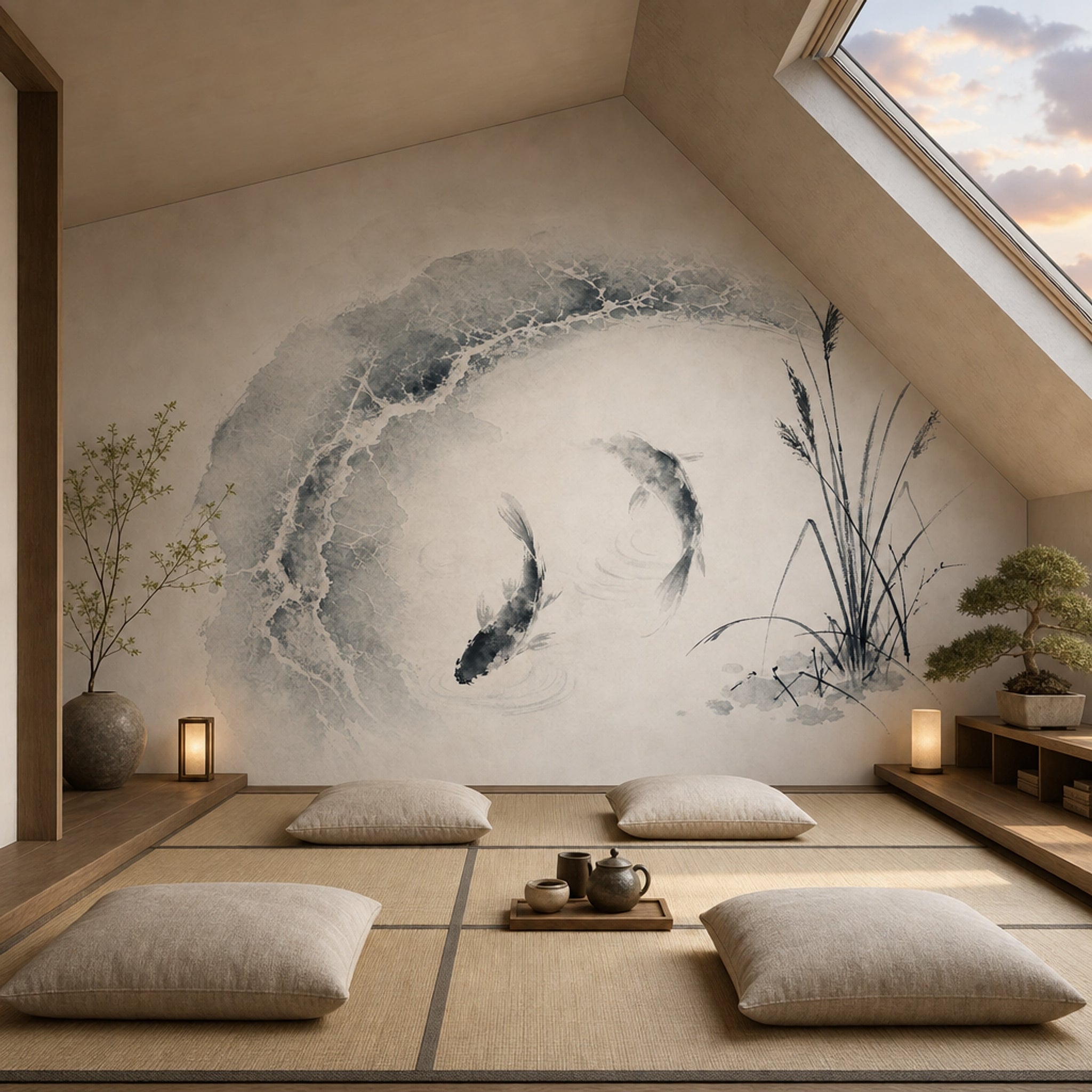 Koi Fish Wallpaper Ink Wash Minimalist Wall Mural