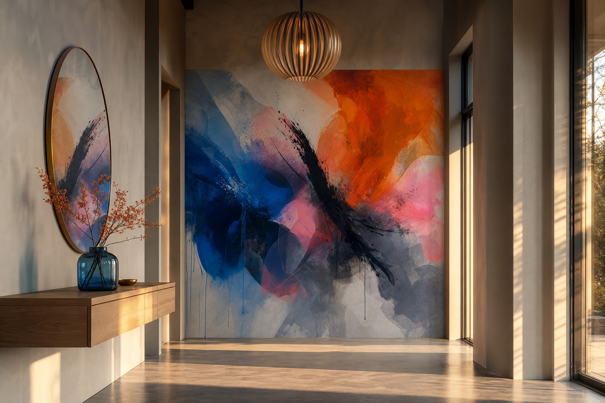 Blue And Orange Wallpaper Ink Brushstroke Mixed Media Texture Removable Wall Decor