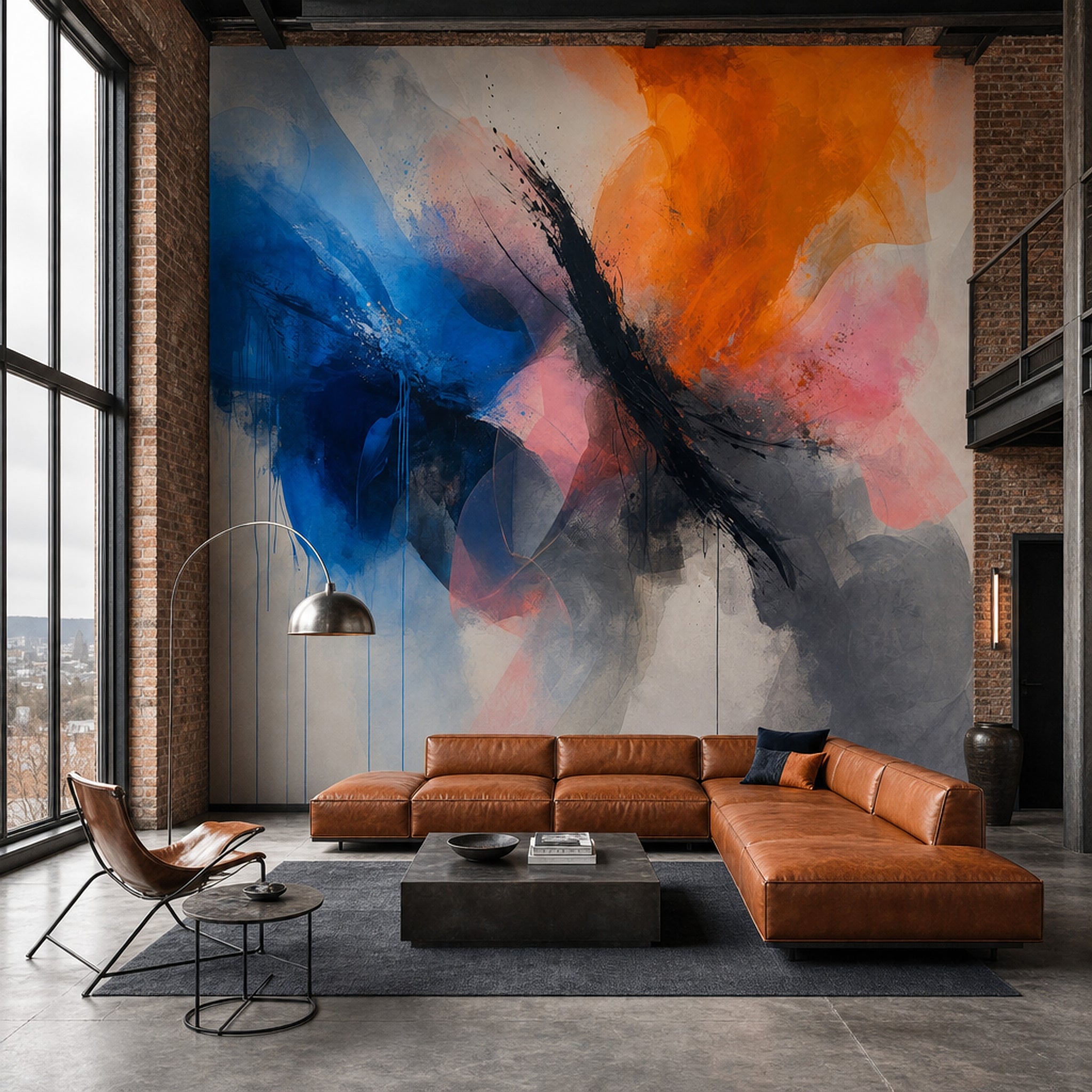 Blue And Orange Wallpaper Ink Brushstroke Mixed Media Texture Removable Wall Decor