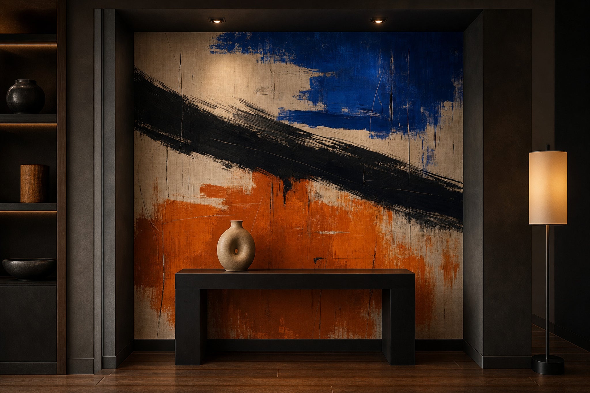 Diagonal Black Brushstroke Wallpaper Blue And Orange Color Block Wall Mural