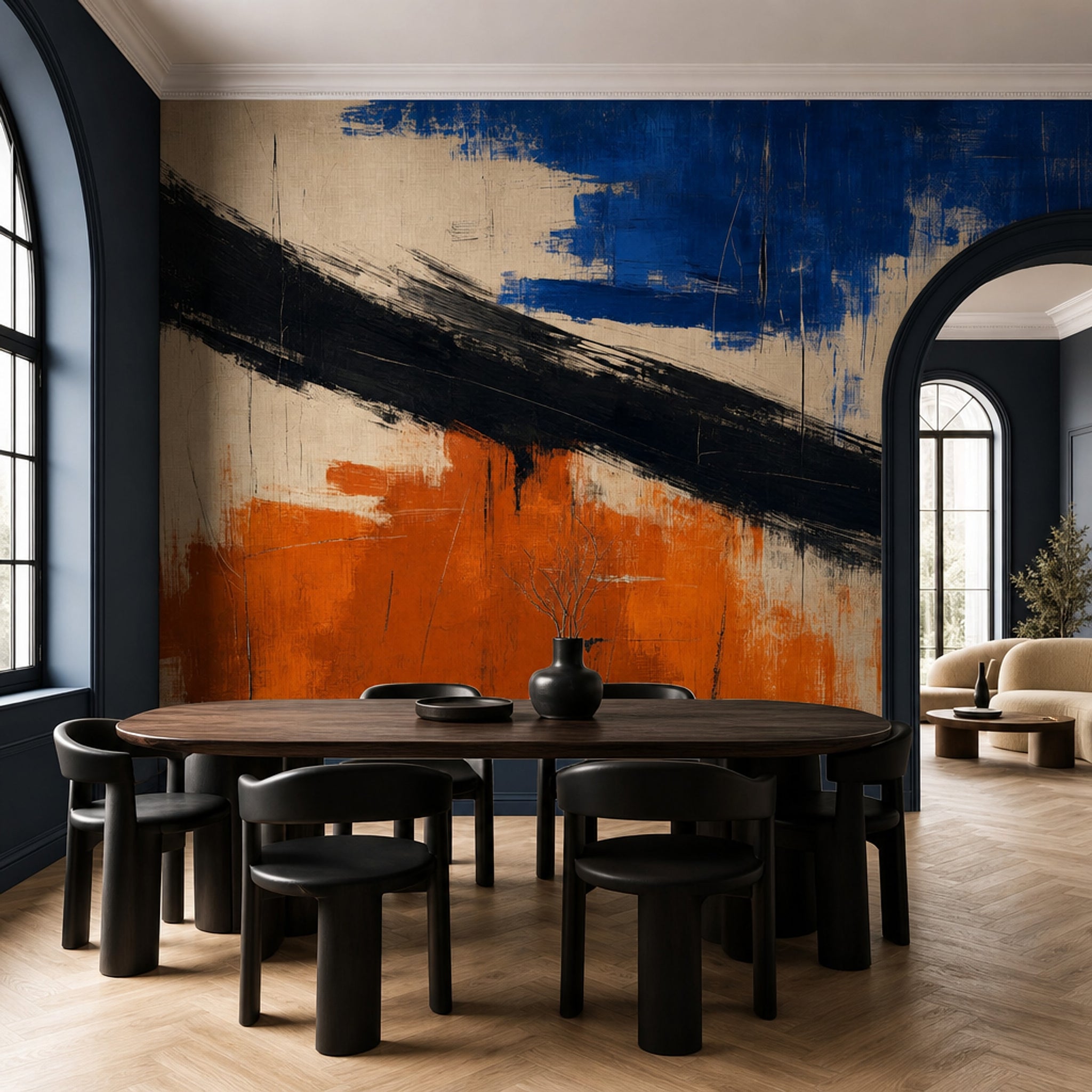 Diagonal Black Brushstroke Wallpaper Blue And Orange Color Block Wall Mural