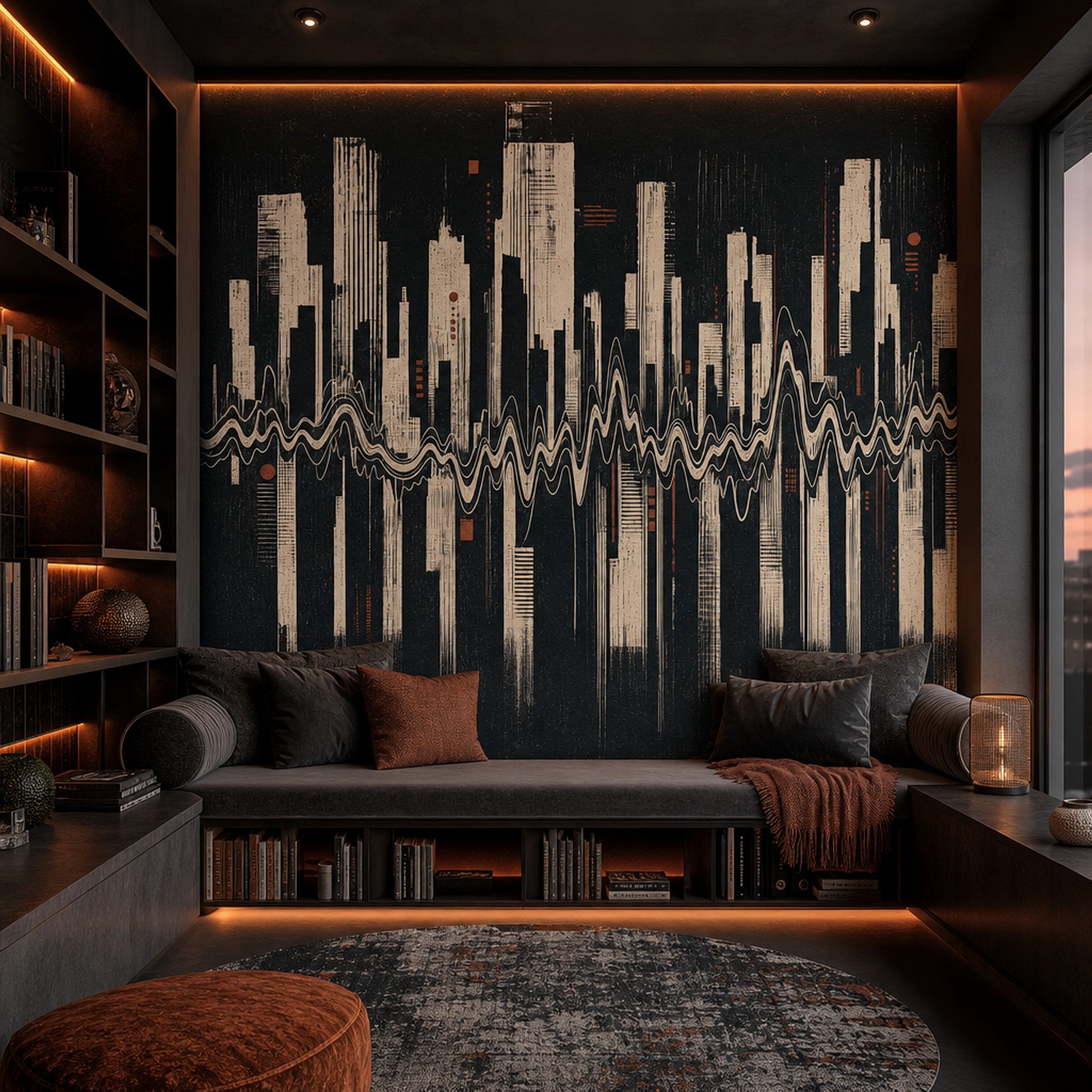 Dark Abstract Cityscape Wallpaper Modern Skyline Removable Geometric Skyscrapers Wall Decor