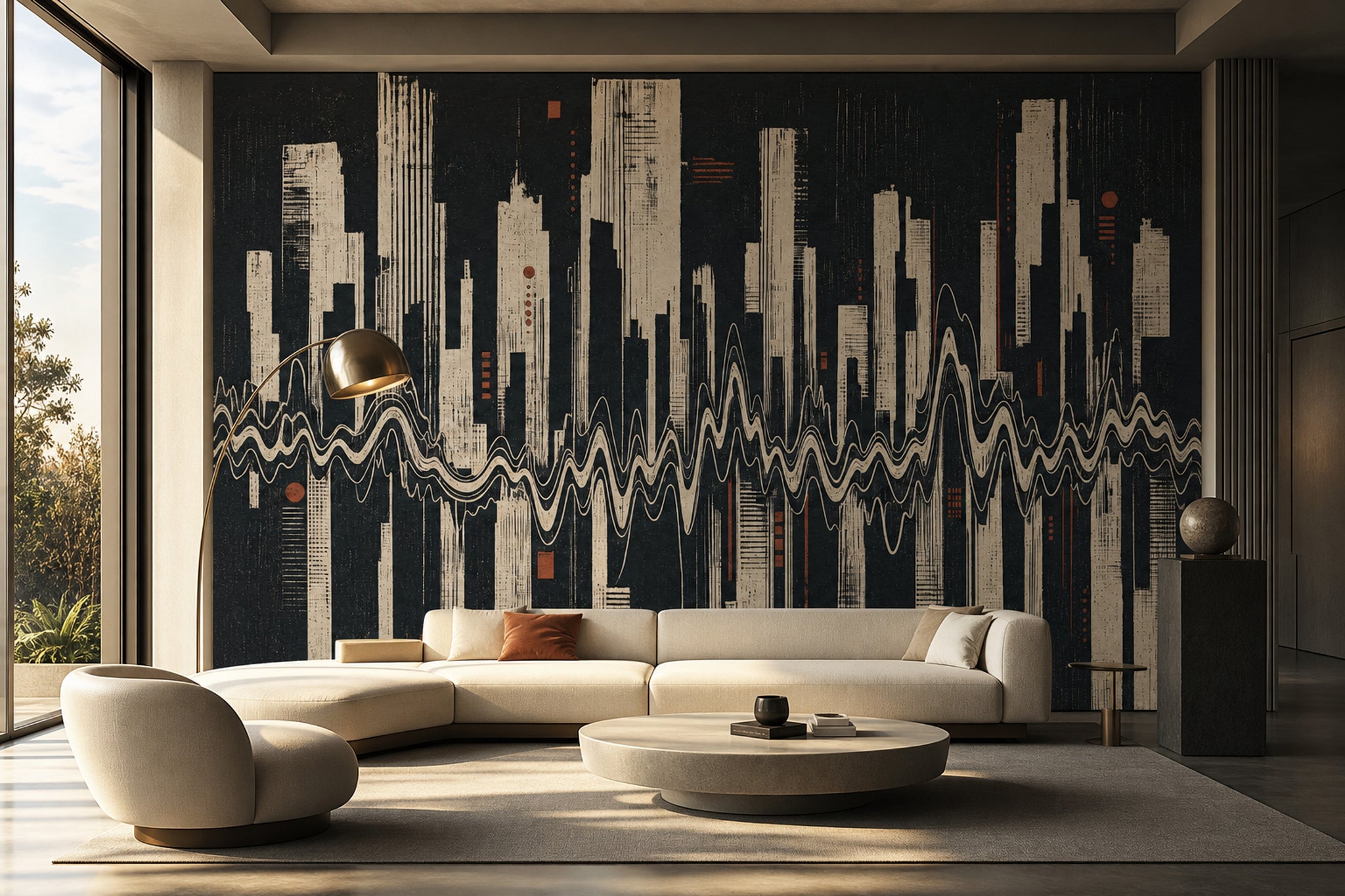 Dark Abstract Cityscape Wallpaper Modern Skyline Removable Geometric Skyscrapers Wall Decor