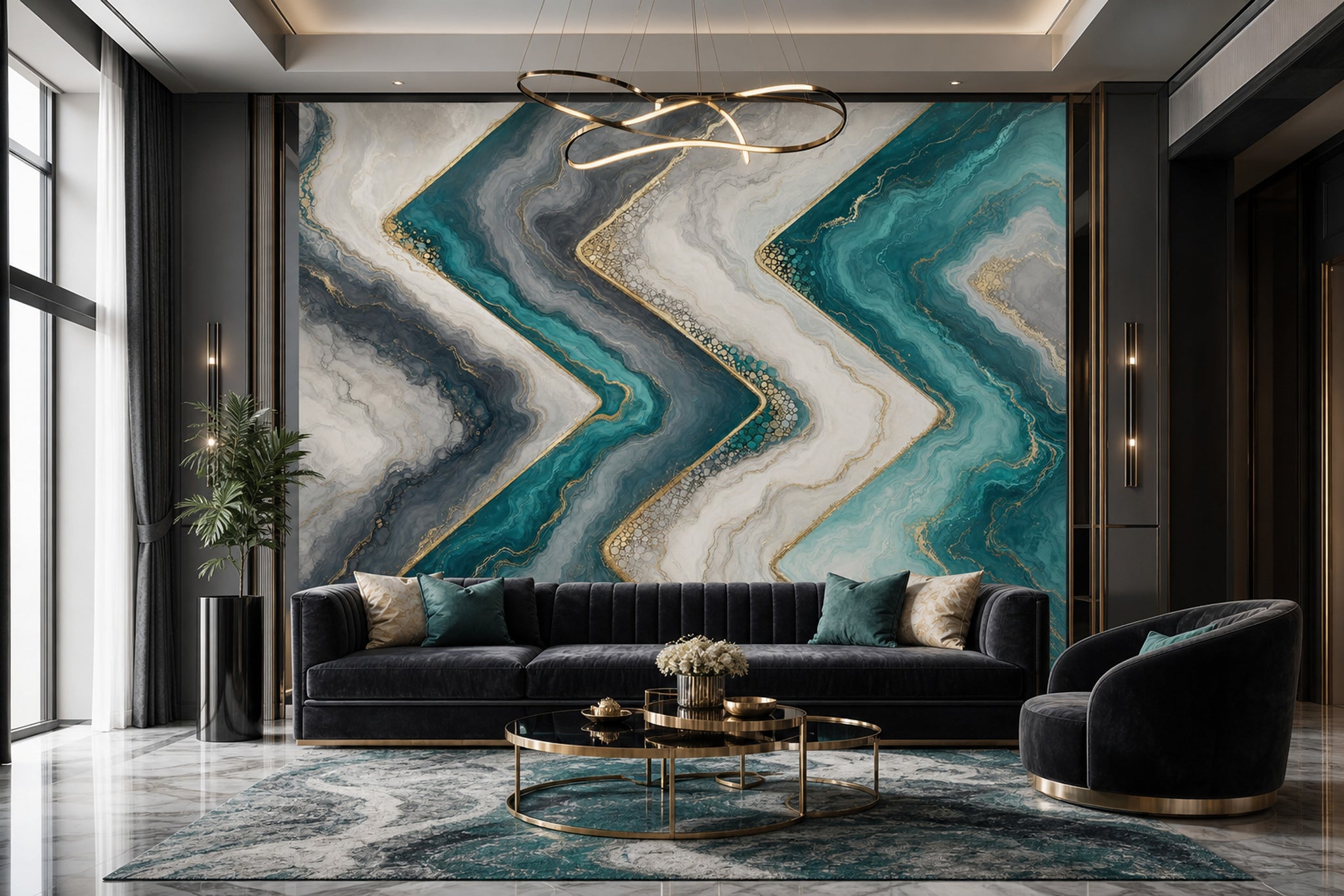 Geometric Zigzag Wallpaper Marble Effect Luxury Glam Removable Wall Decor