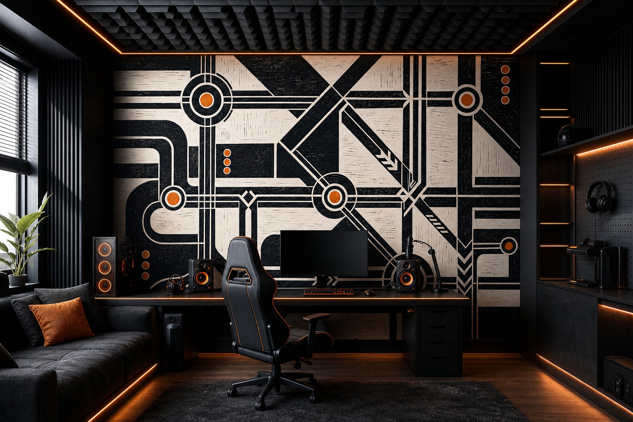 Abstract Geometric Wallpaper Black And Cream Industrial Schematic Wall Mural