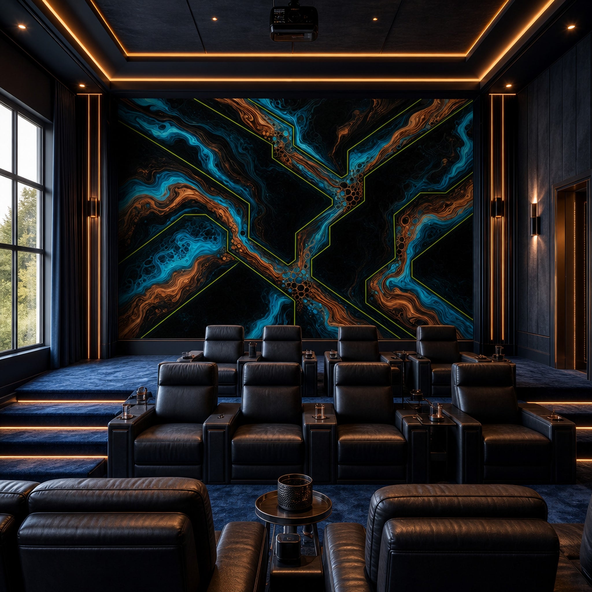 Marbled Wallpaper Teal Blue Neon Outline Removable Wall Decor