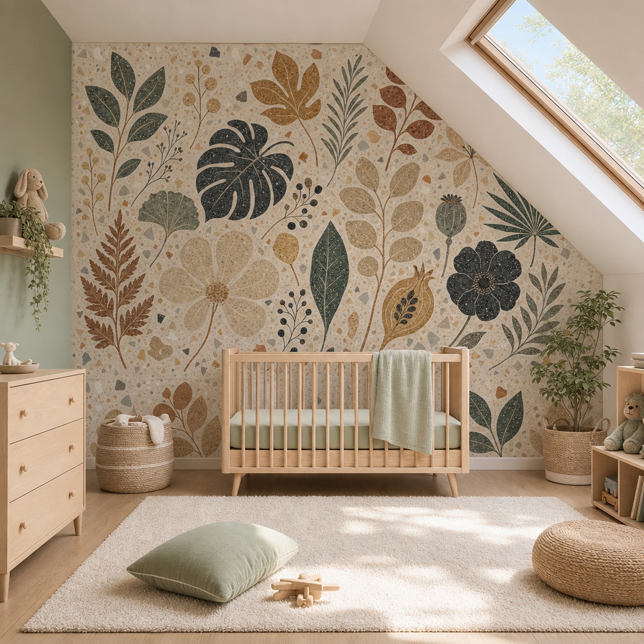 Muted Green Wallpaper Botanical Terrazzo Removable Wall Decor