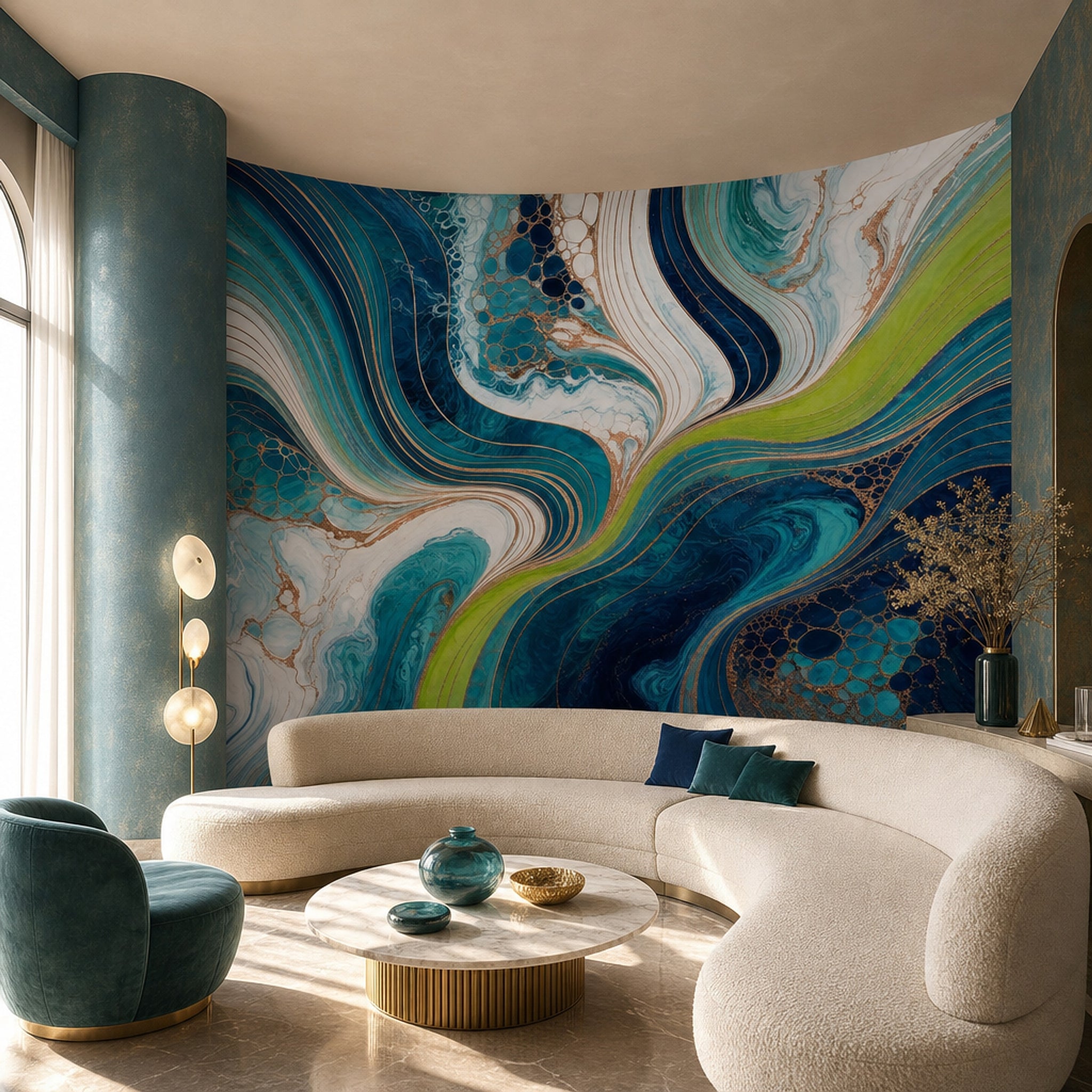 Abstract Marble Wallpaper Fluid Waves Teal And Navy Removable Wall Decor