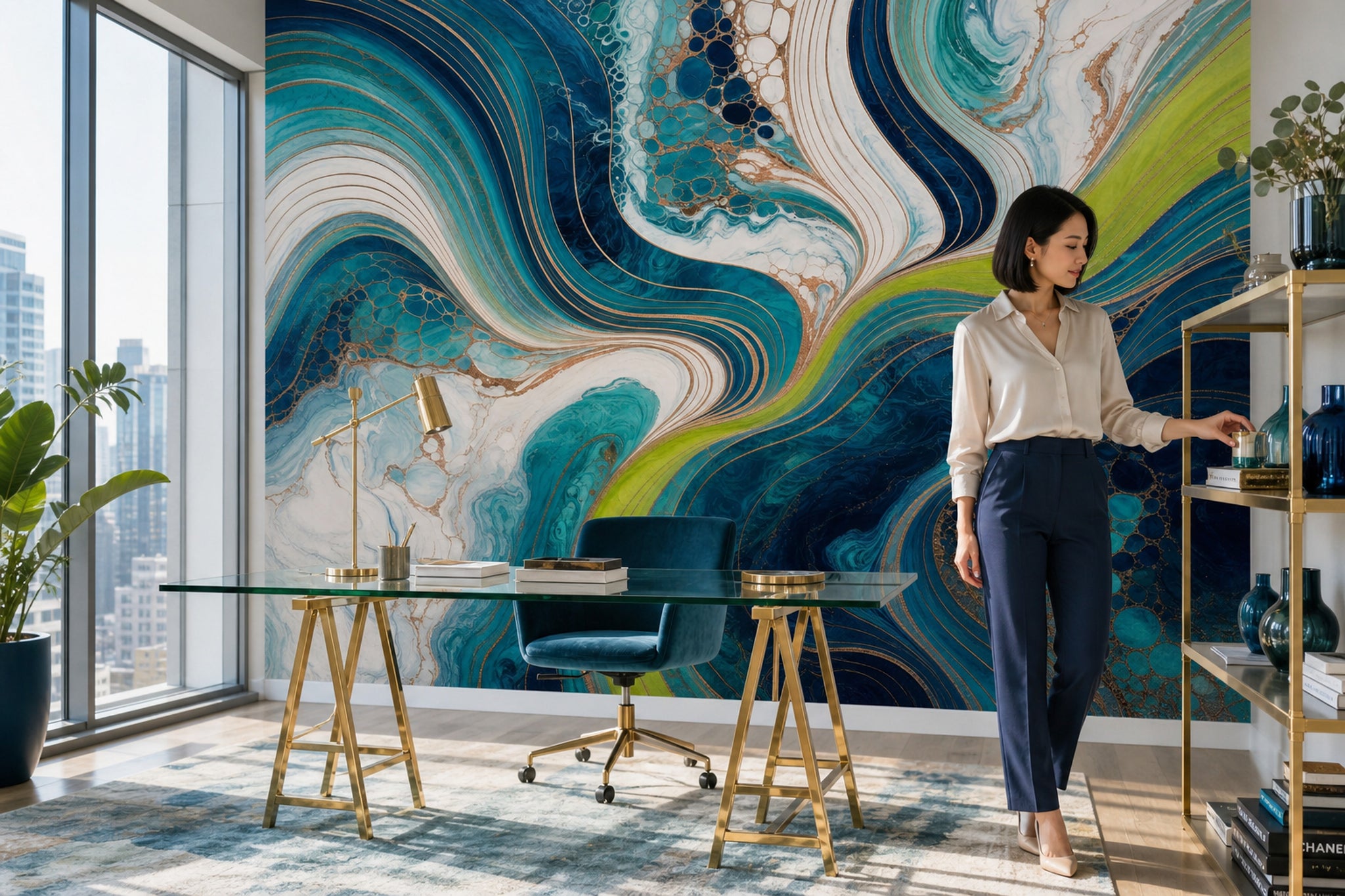 Abstract Marble Wallpaper Fluid Waves Teal And Navy Removable Wall Decor