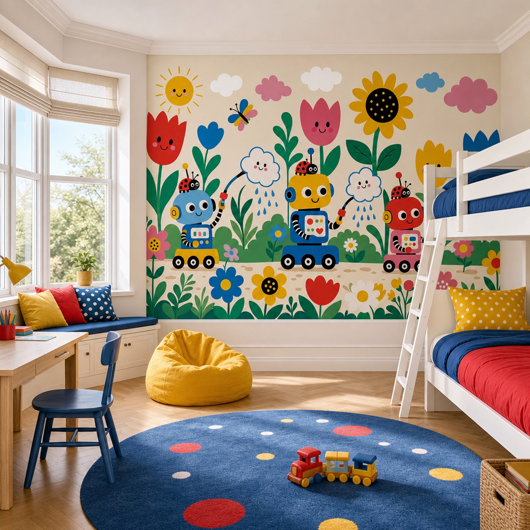 Kids Wallpaper Playful Garden Cute Robots Removable Wall Decor
