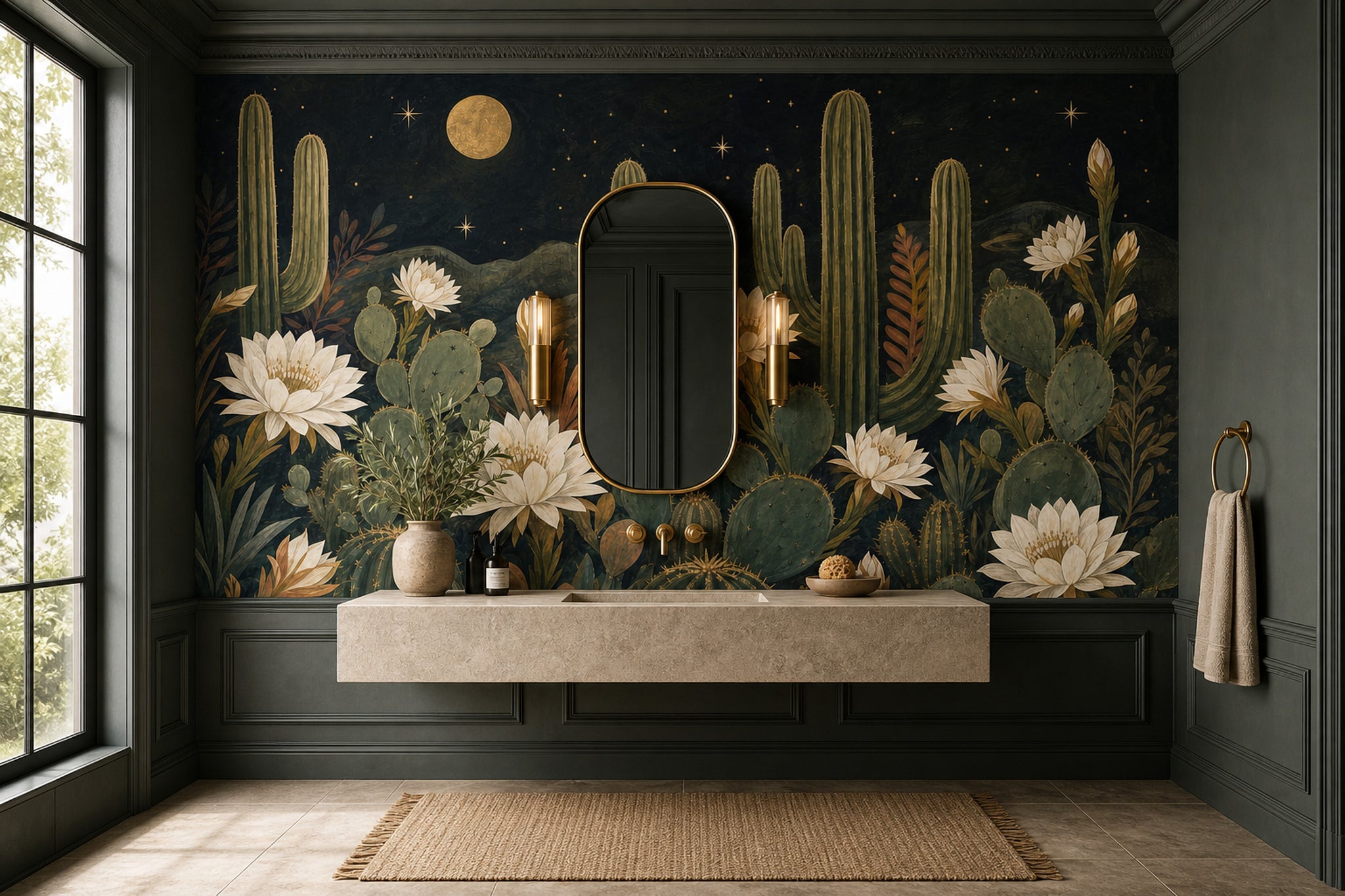 Starry Night Wallpaper Desert Moon Cactus Removable Wall Decor