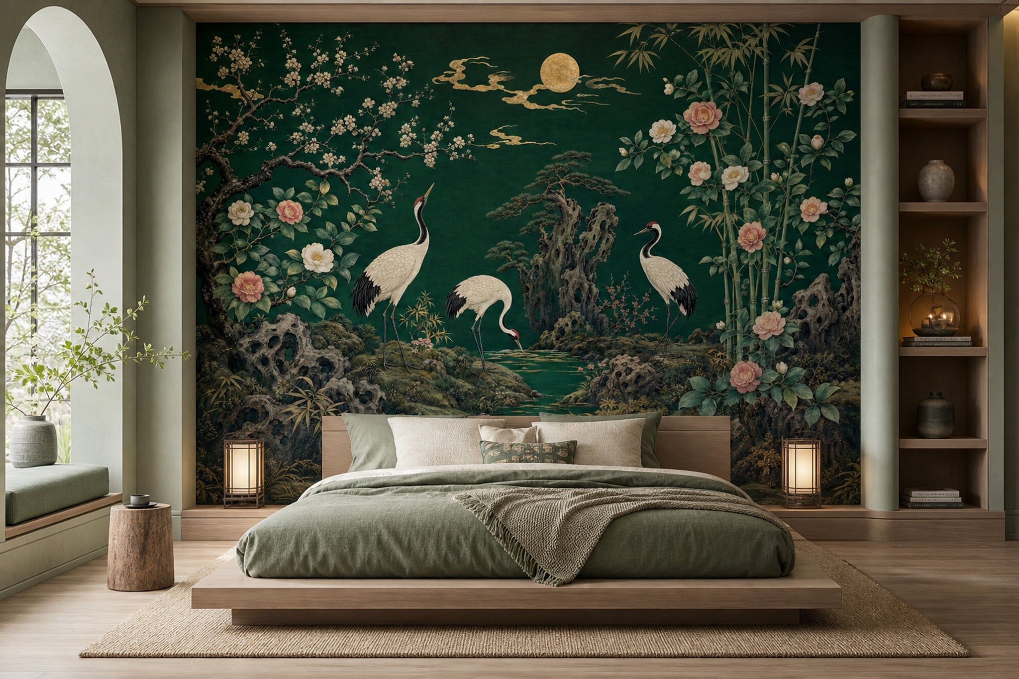 Landscape Mural Wallpaper Cranes Asian Garden Wall Mural