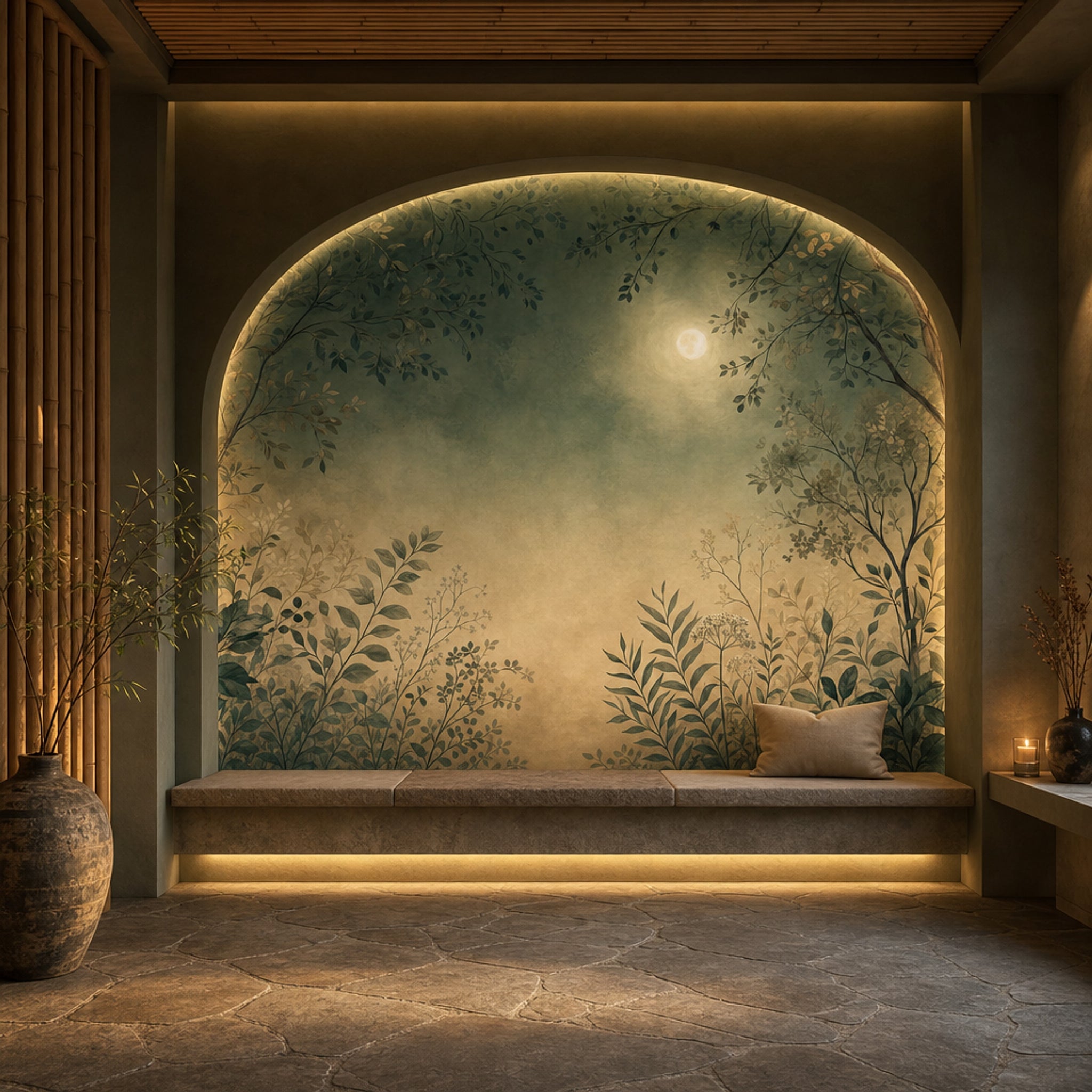 Muted Green Wallpaper Watercolor Moon Wall Mural