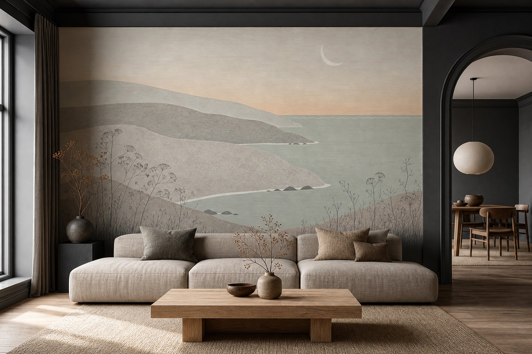 Coastal Landscape Wallpaper Minimalist Seascape Layered Hills Removable Wall Decor